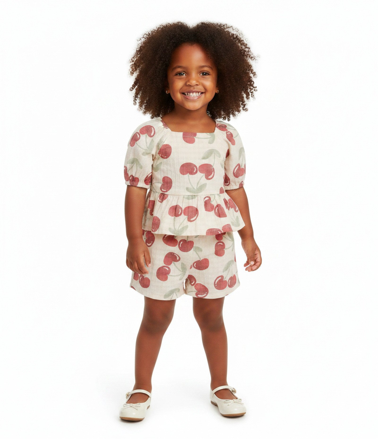 Conjunto Infantil em Algodão com Estampa Cereja – Tam 1 a 6 Anos Bege/Vermelho 1