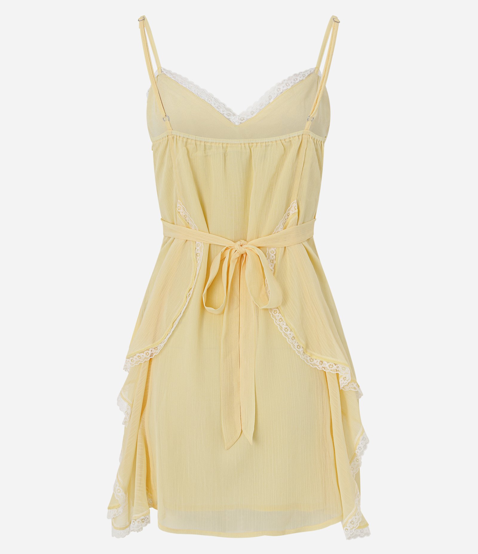 Vestido Curto de Alcinha em Chiffon com Babados e Detalhe em Renda Amarelo 7