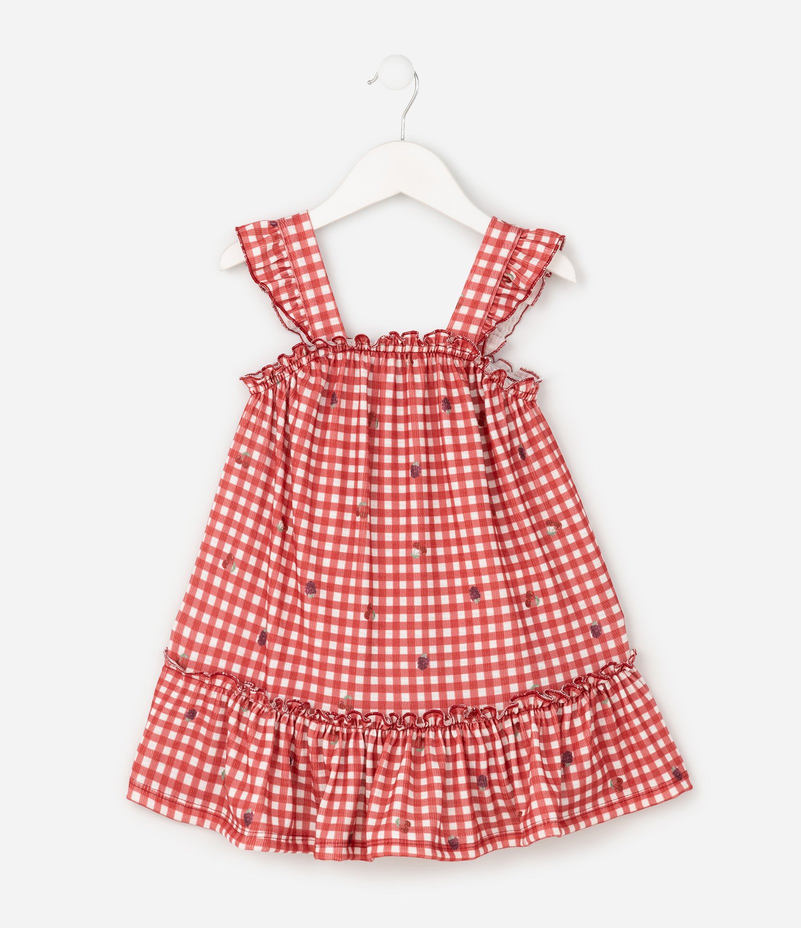 Vestido Evasê Infantil com Estampa Xadrez Vichy e Frutas – Tam 1 a 6 Anos Vermelho/Branco 2