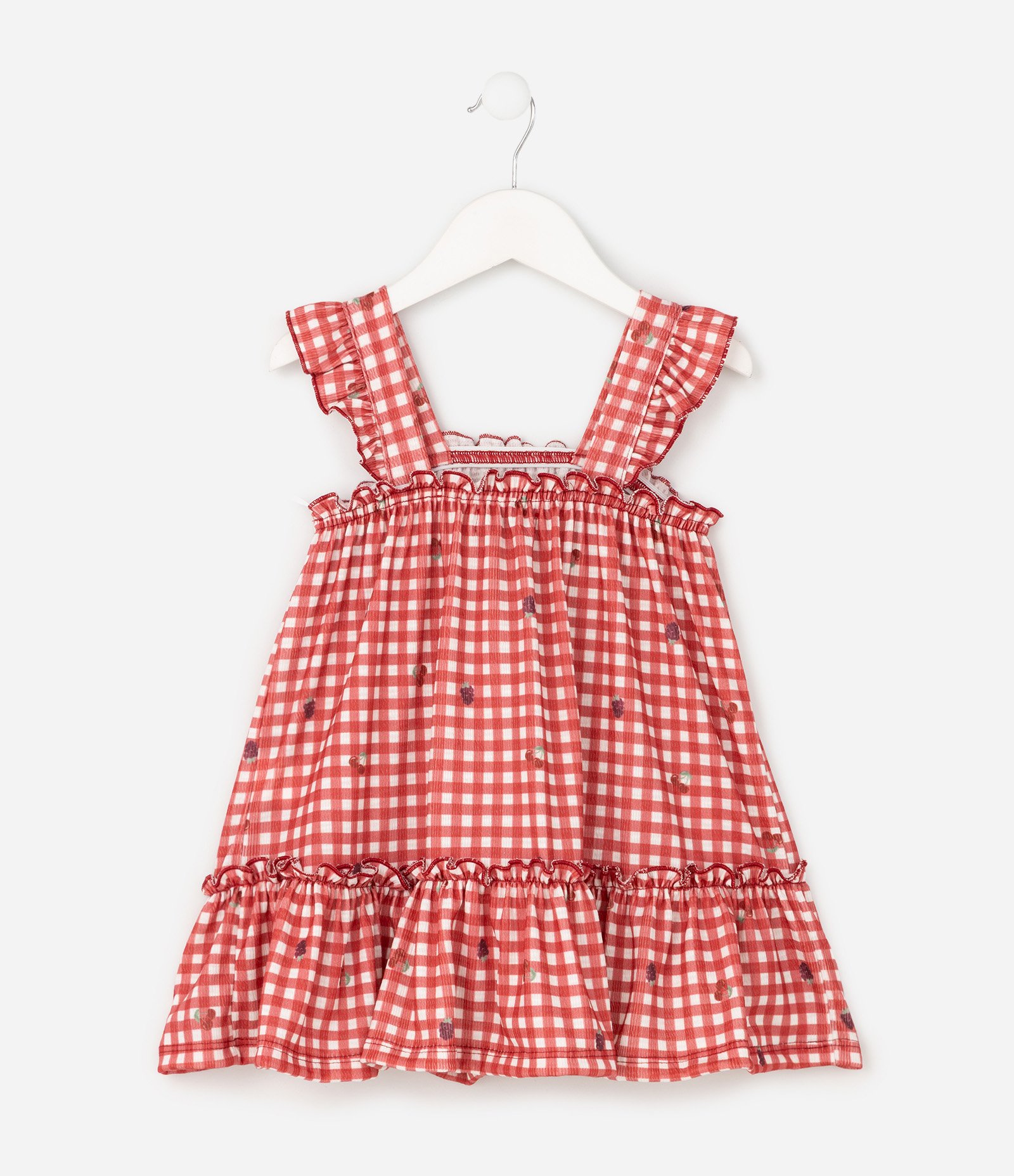 Vestido Evasê Infantil com Estampa Xadrez Vichy e Frutas – Tam 1 a 6 Anos Vermelho/Branco 3