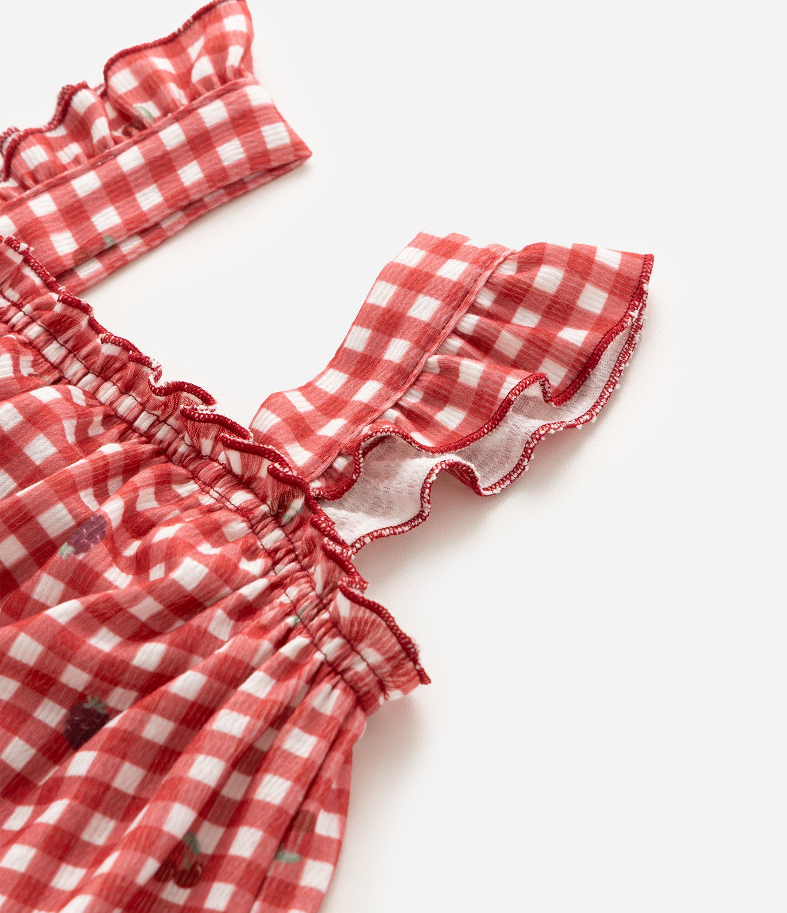 Vestido Evasê Infantil com Estampa Xadrez Vichy e Frutas – Tam 1 a 6 Anos Vermelho/Branco 5