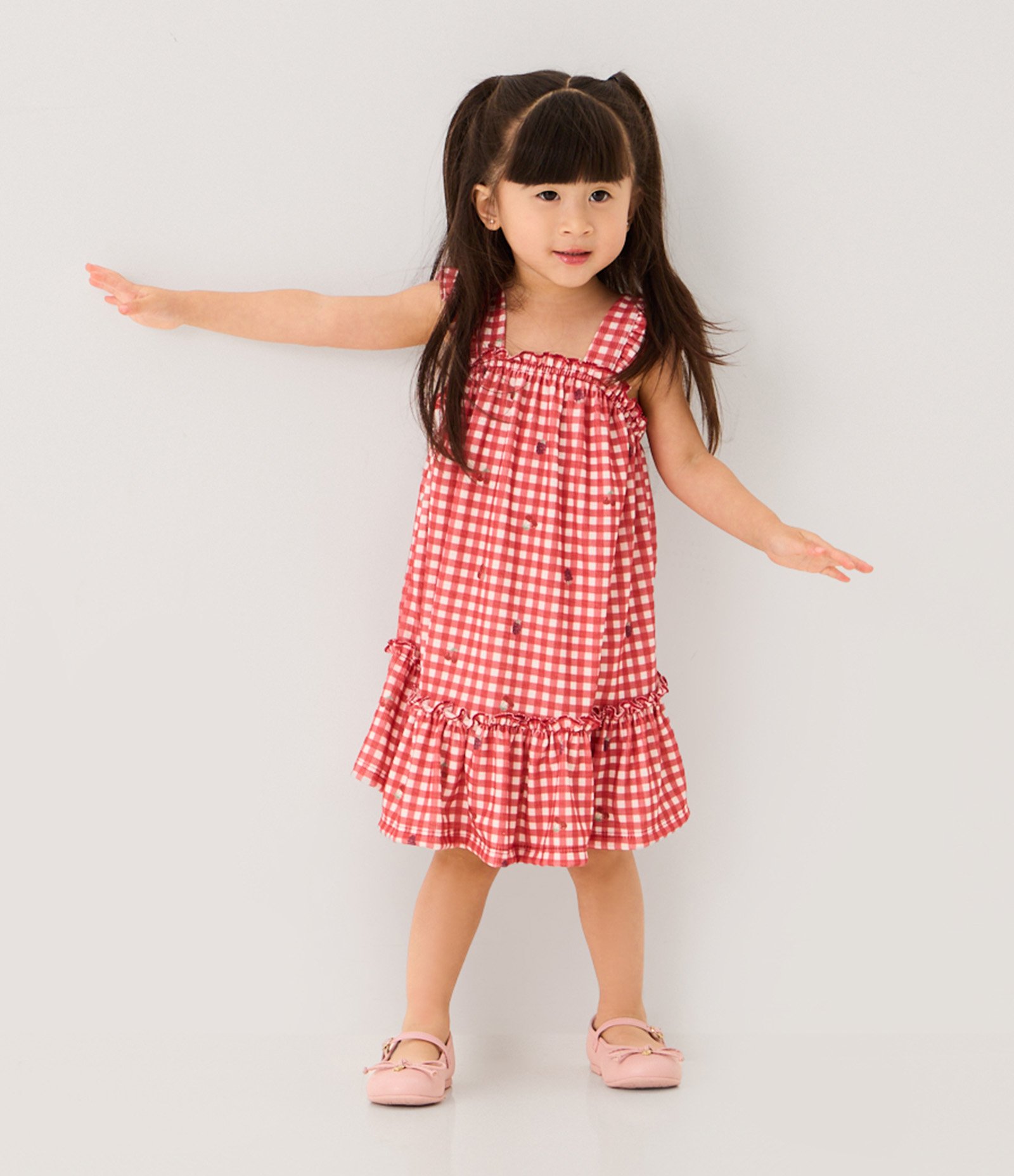 Vestido Evasê Infantil com Estampa Xadrez Vichy e Frutas – Tam 1 a 6 Anos Vermelho/Branco 1