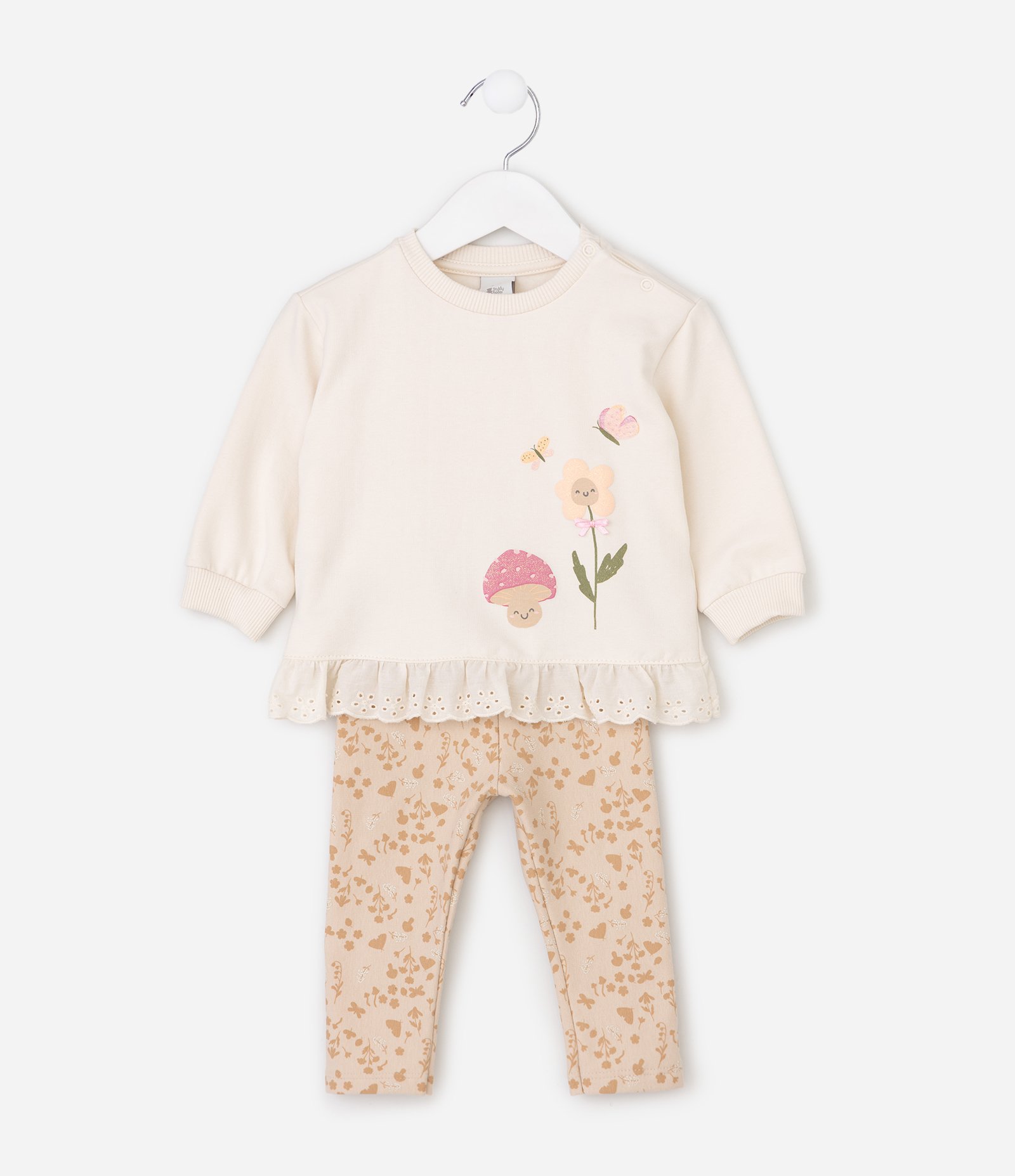 Conjunto Bebê com Estampa Floral com Cogumelos – Tam 0 a 18 Meses Bege Claro 2