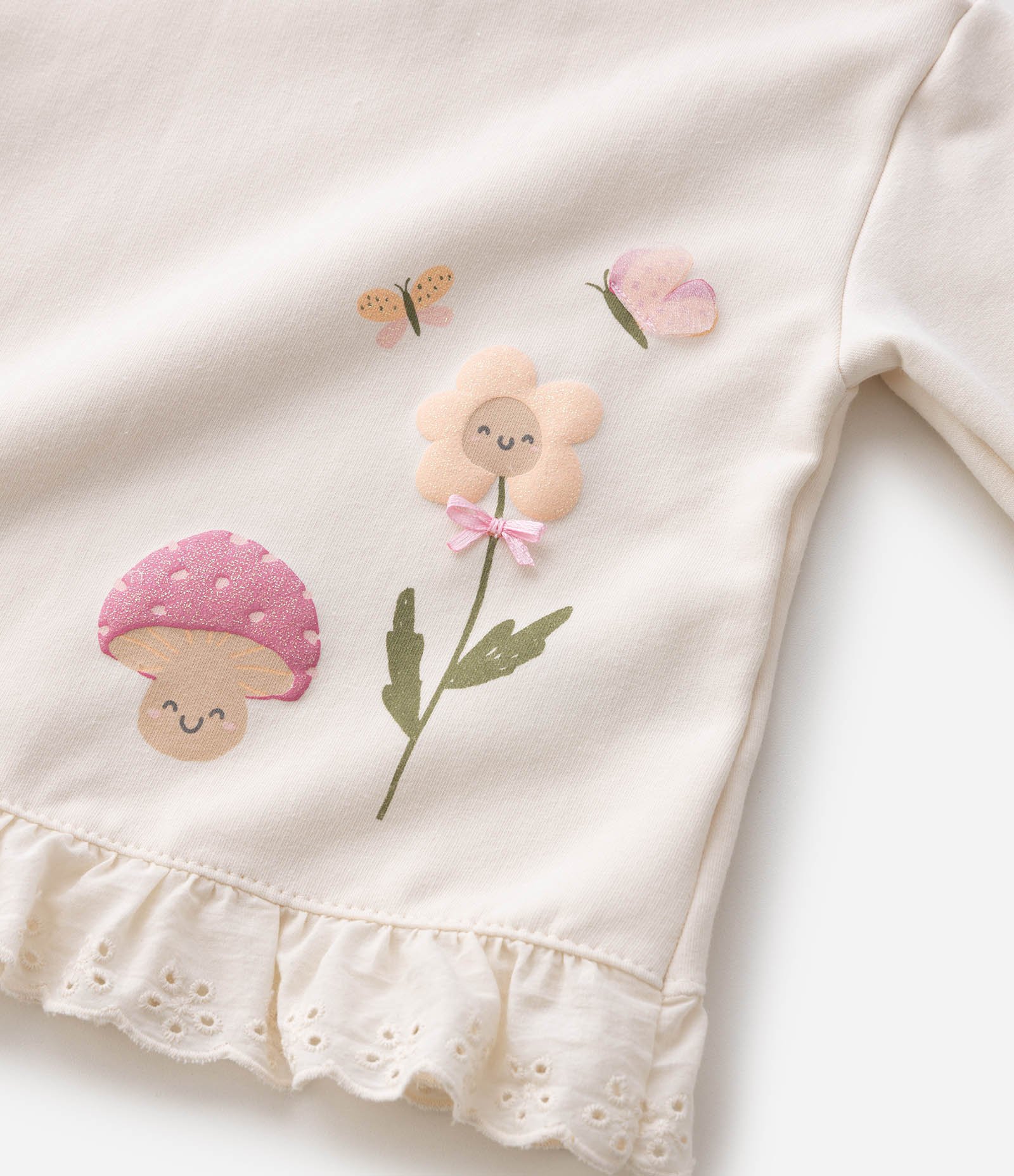 Conjunto Bebê com Estampa Floral com Cogumelos – Tam 0 a 18 Meses Bege Claro 5