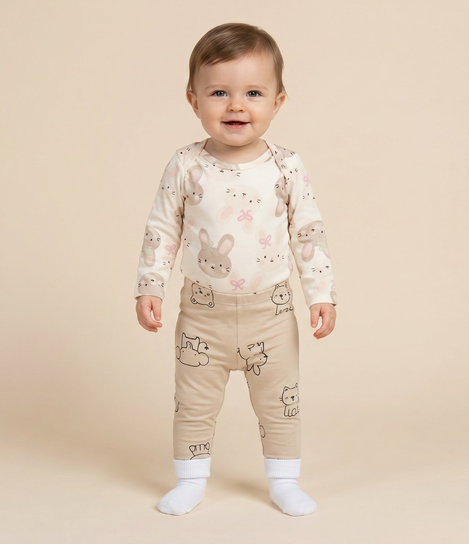 Legging Infantil em Algodão com Estampa de Animais - Tam 3 a 18 Meses Bege 1