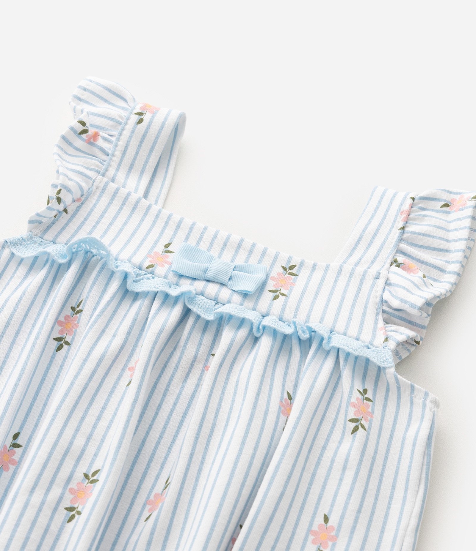 Macacão Infantil com Estampa Listrada e Floral – Tam 0 a 18 Meses Azul/Branco 5
