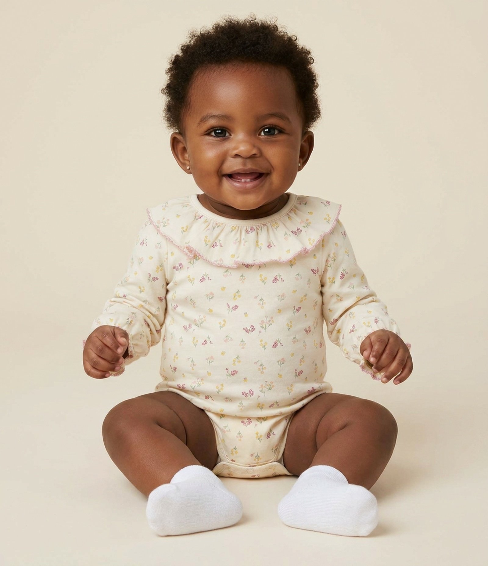 Body Infantil com Gola Boneca e Estampa Floral – Tam 0 a 18 Meses Bege Claro 1