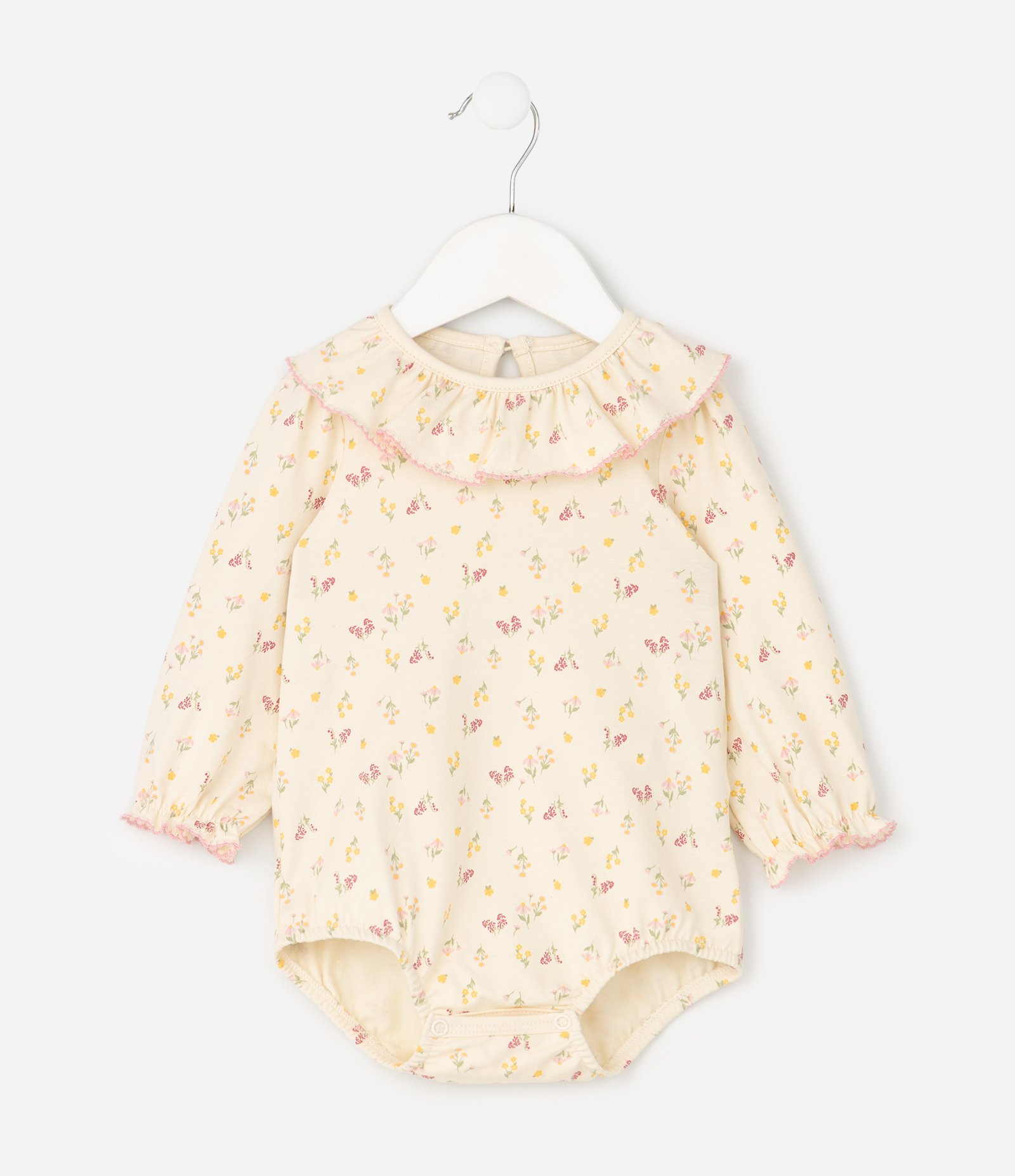 Body Infantil com Gola Boneca e Estampa Floral – Tam 0 a 18 Meses Bege Claro 2