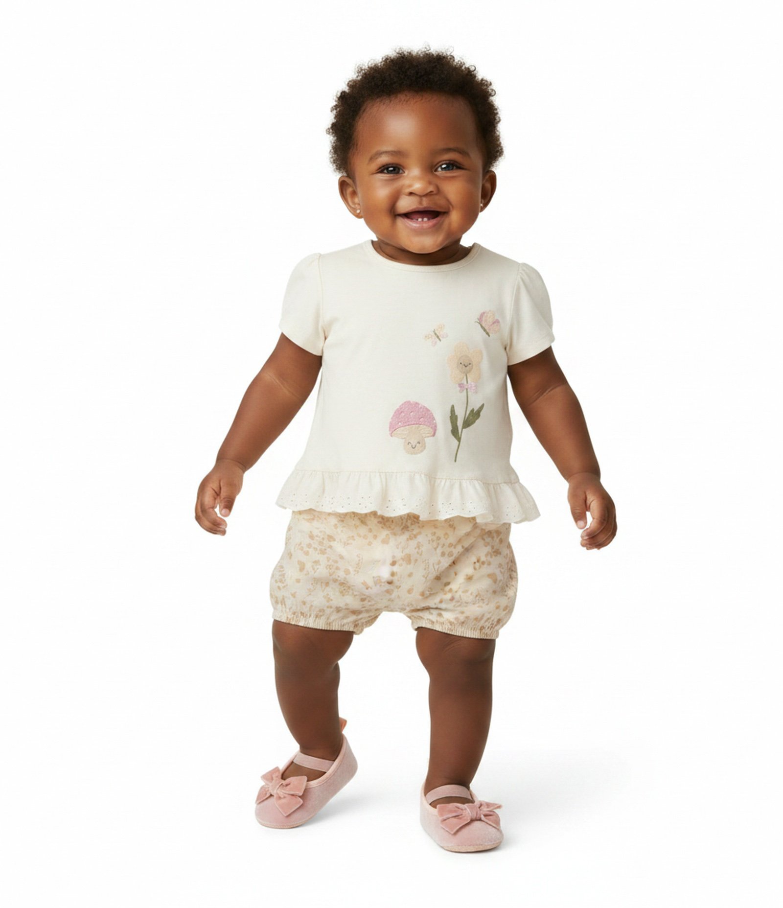 Conjunto Bebê Bata com Babadinho Estampa Floral – Tam 0 a 18 Meses Bege Claro 1