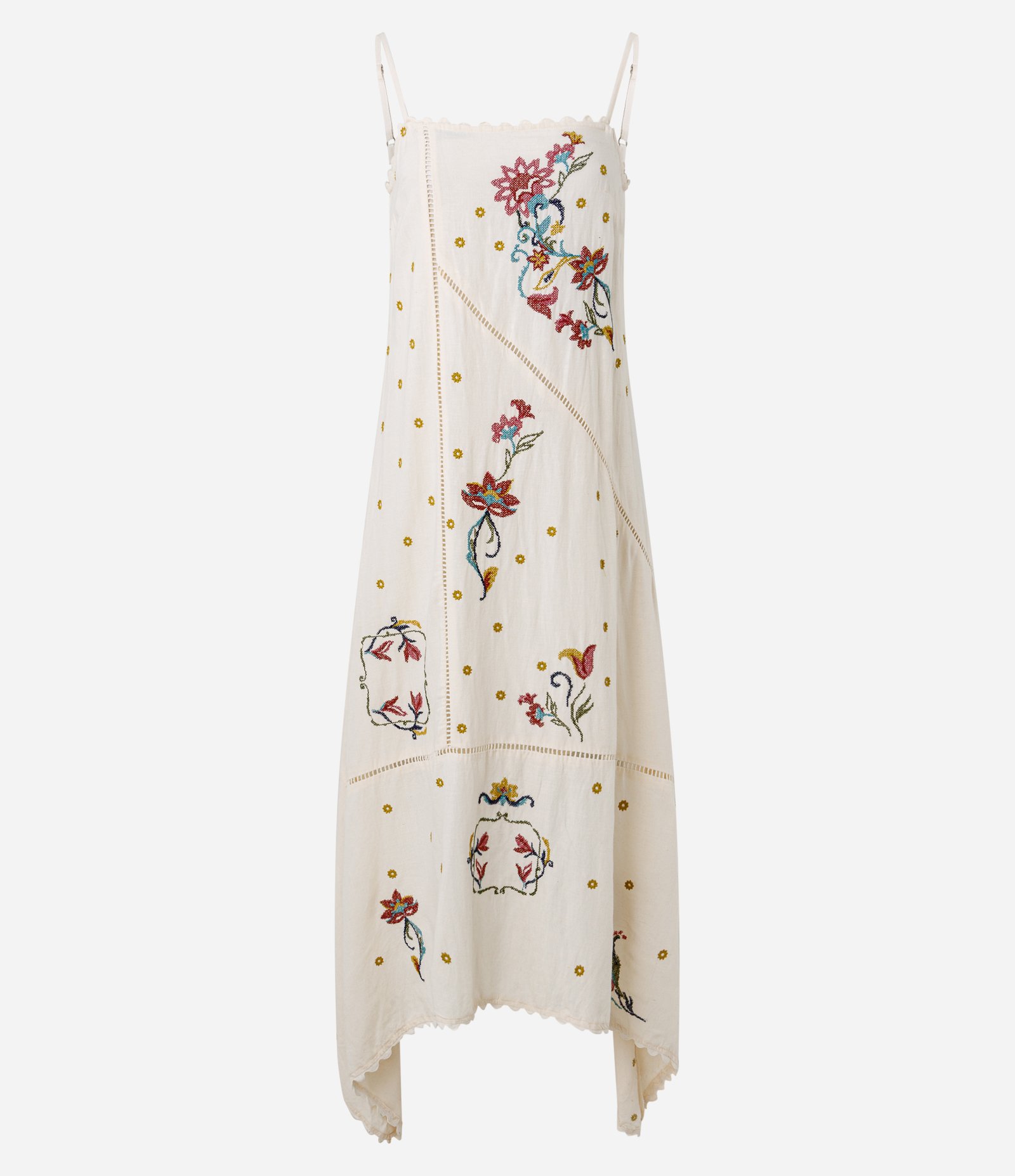 Vestido Midi em Laise com Bordado Floral e Barra Assimétrica Branco 1