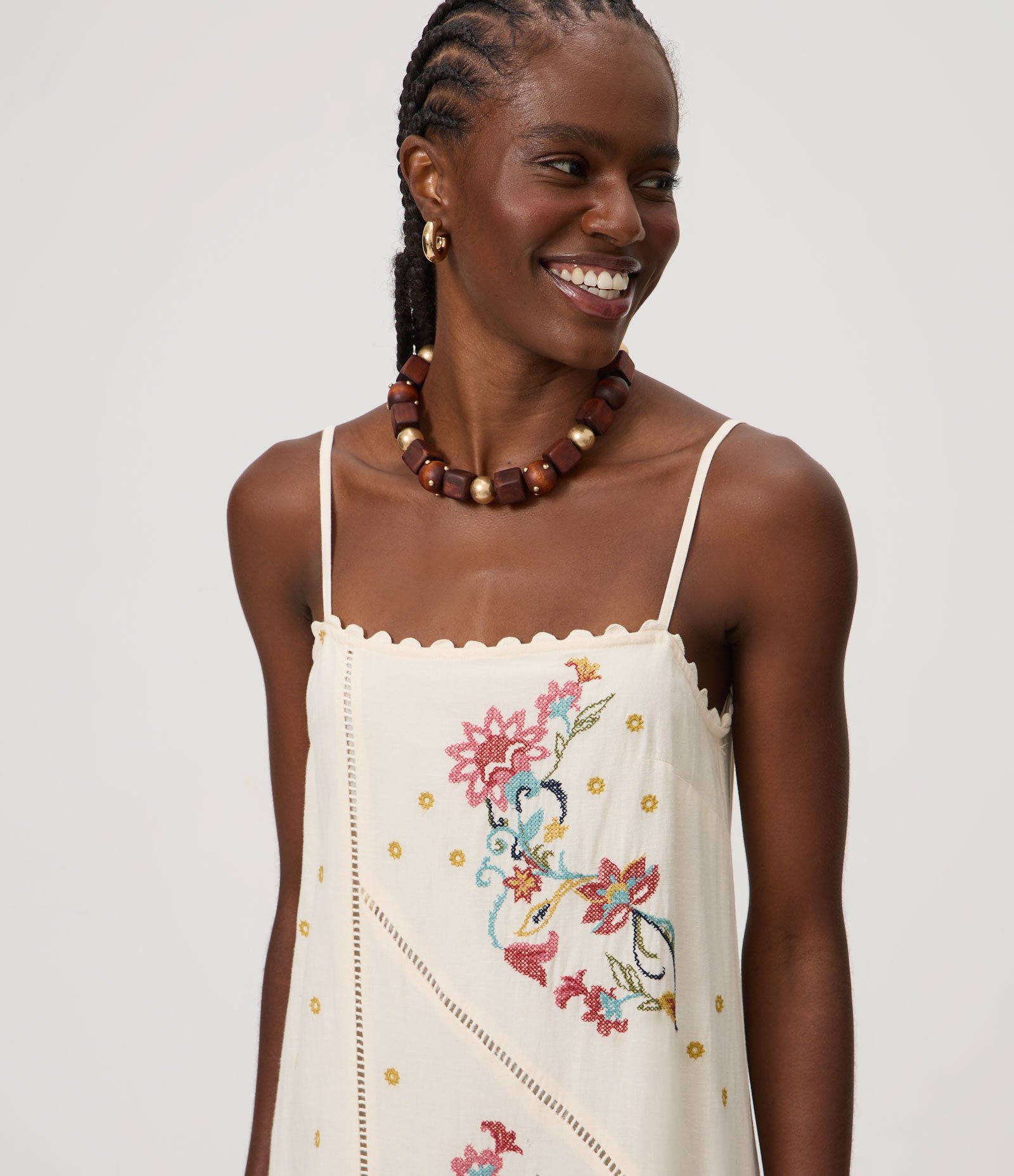 Vestido Midi Assimétrico em Laise com Bordado Floral Off White 3