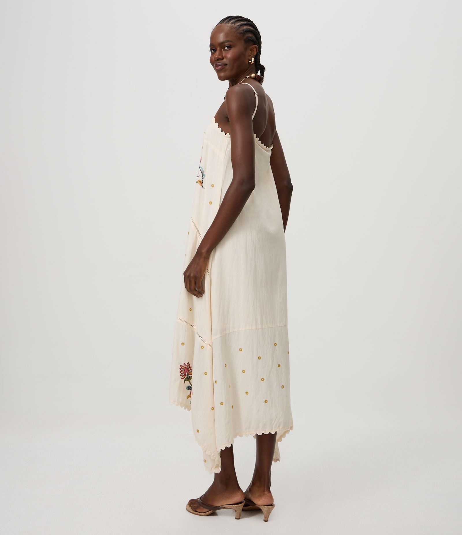 Vestido Midi Assimétrico em Laise com Bordado Floral Off White 4