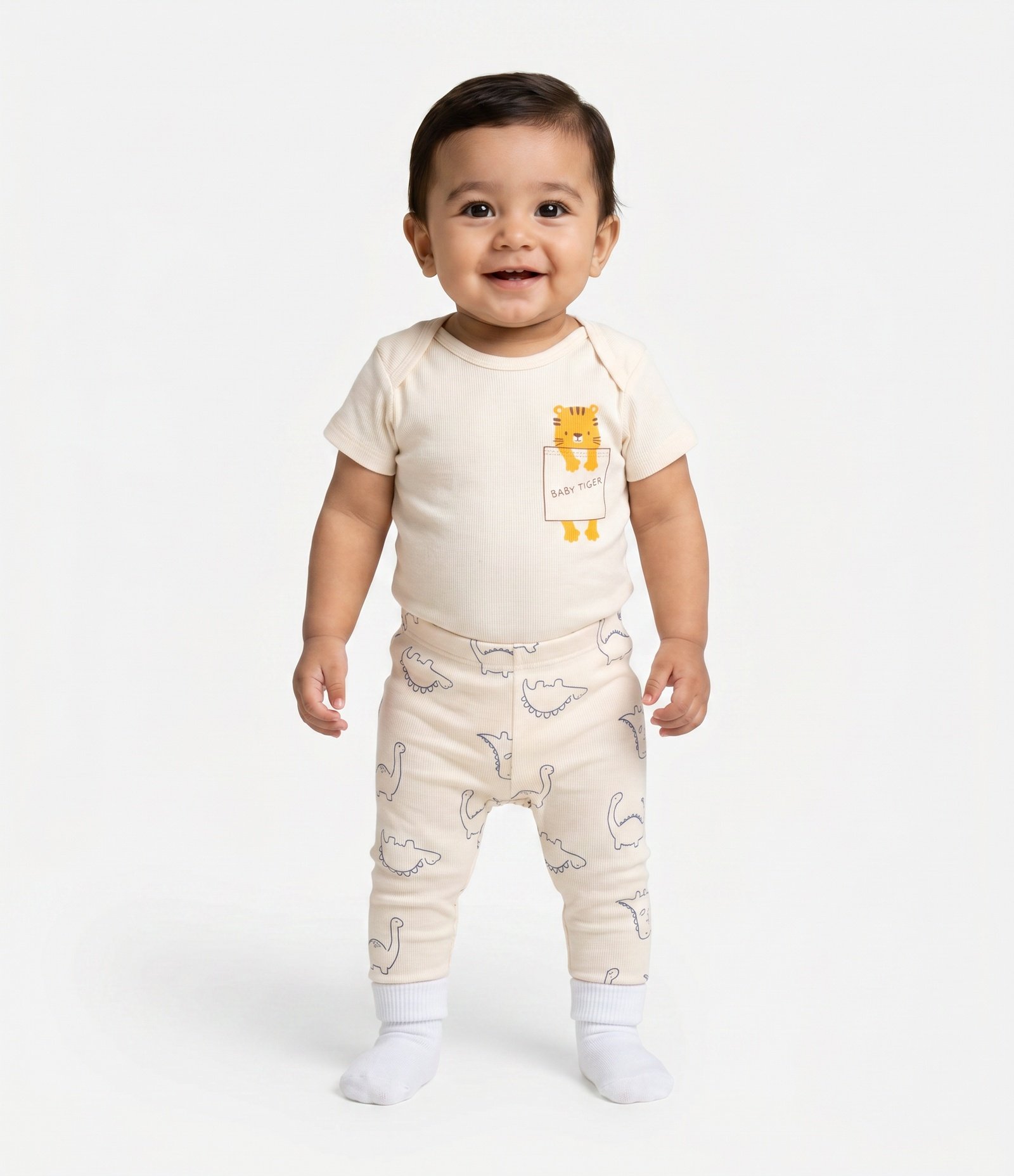 Calça Infantil em Ribana com Estampa Dino Outline – Tam 0 a 18 Meses Off White 2