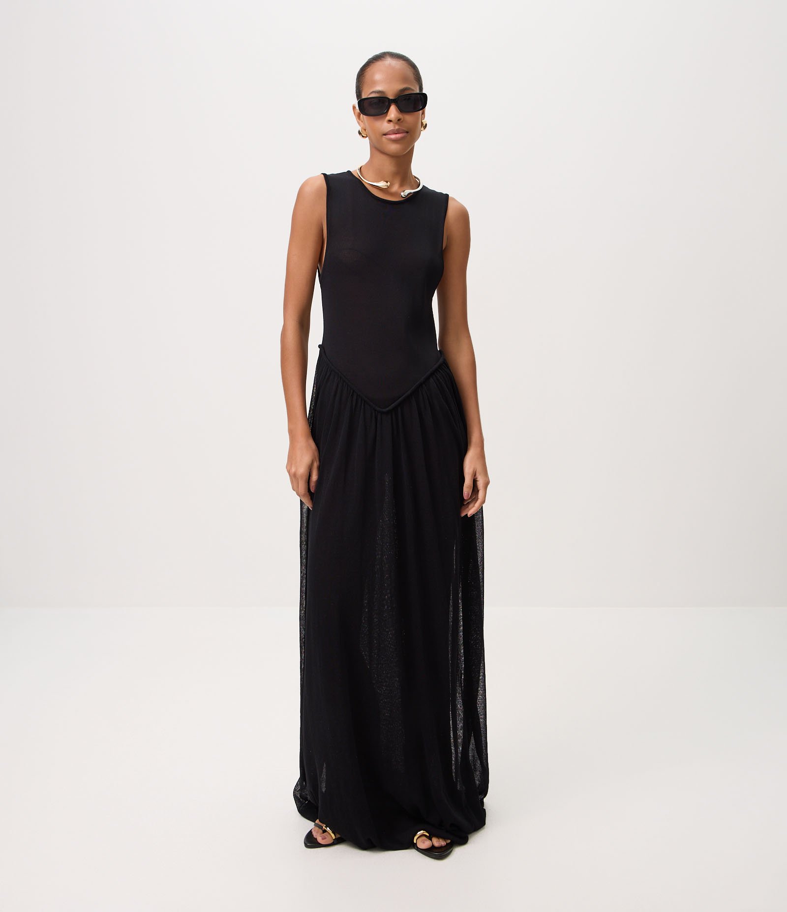 Vestido Midi em Tricô com Cintura Deslocada e Barra Balonê Preto 2
