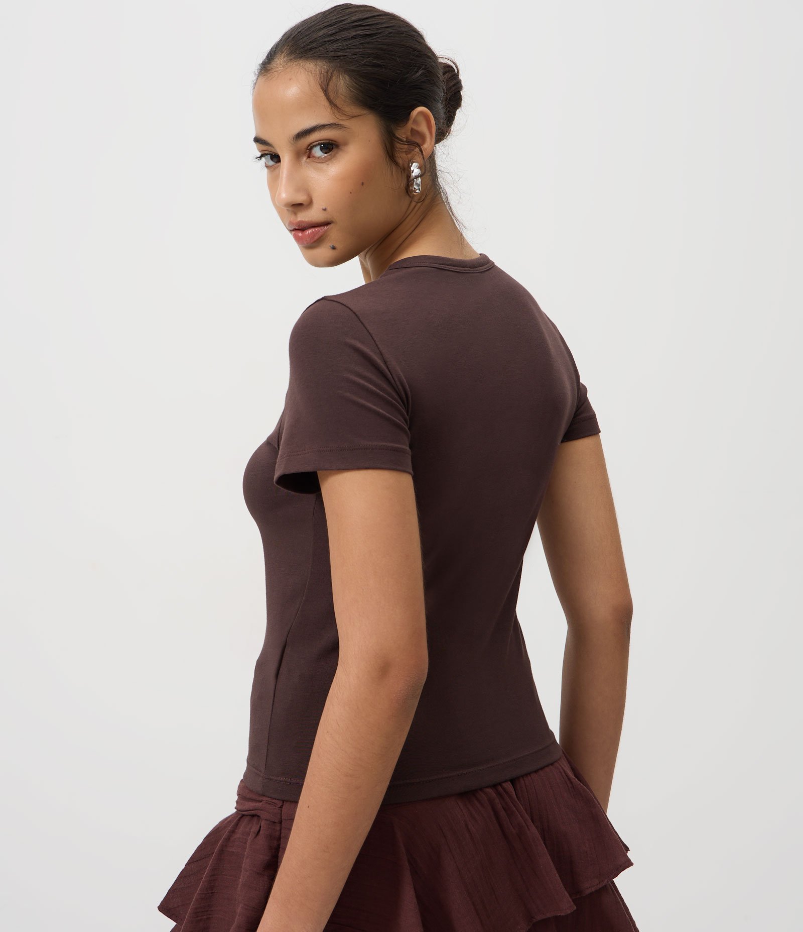 Blusa Básica em Algodão Peruano com Mangas Curtas Marrom 4