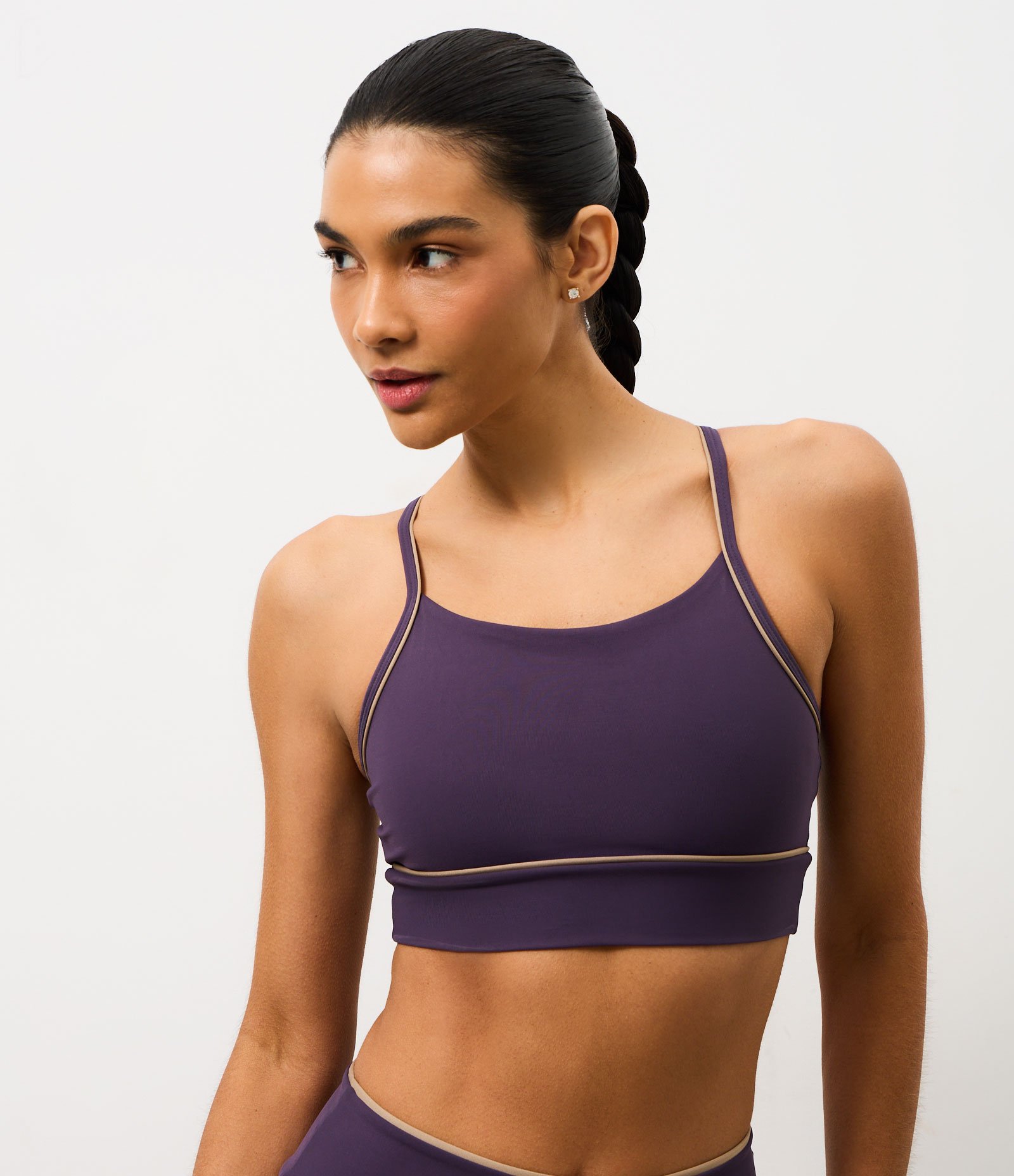 Top Alongado Esportivo com Bojo em Microfibra com Friso Contrastante Roxo 1