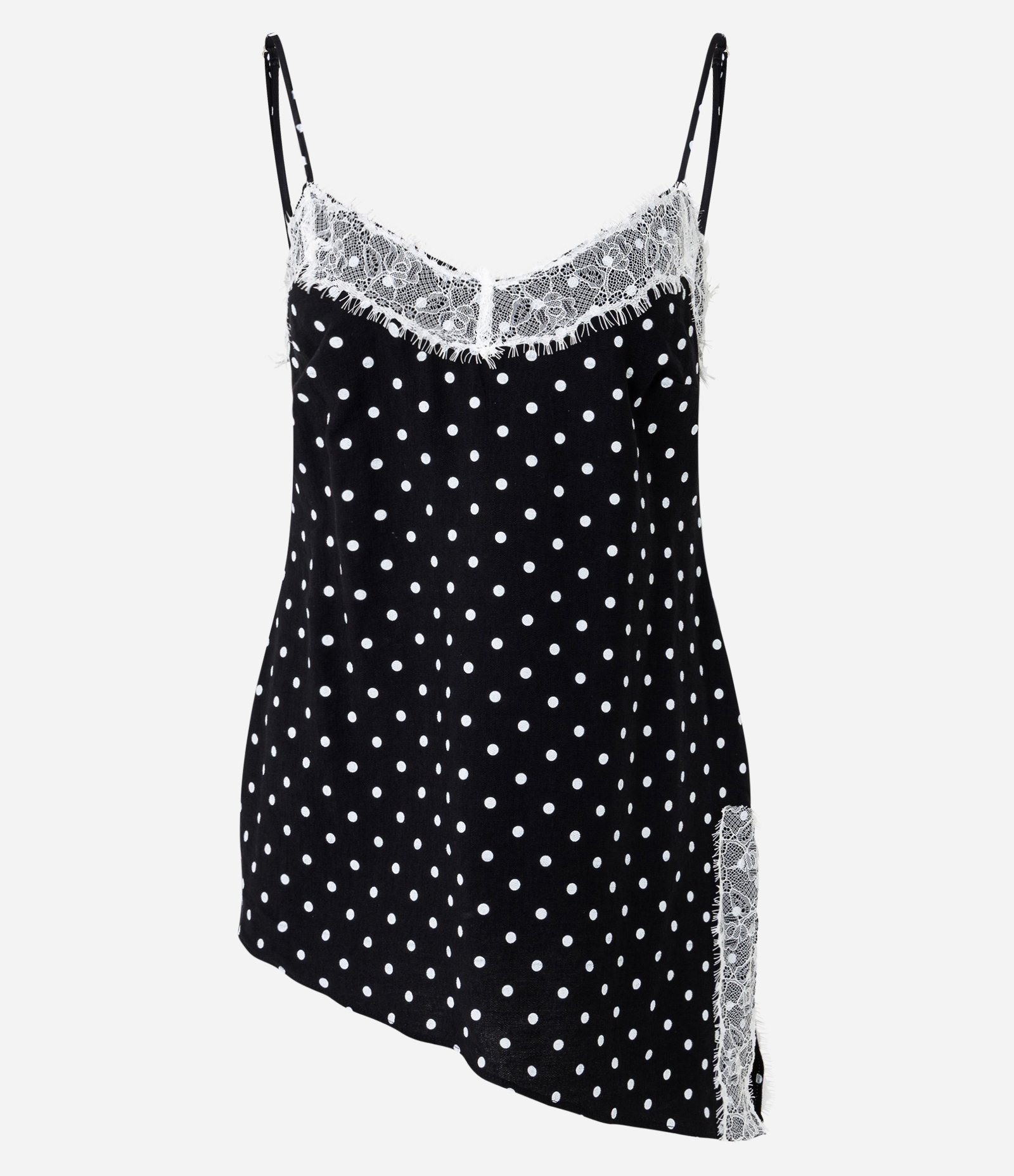 Blusa Assimétrica com Estampa Poá e Aplicação de Renda Preto 6