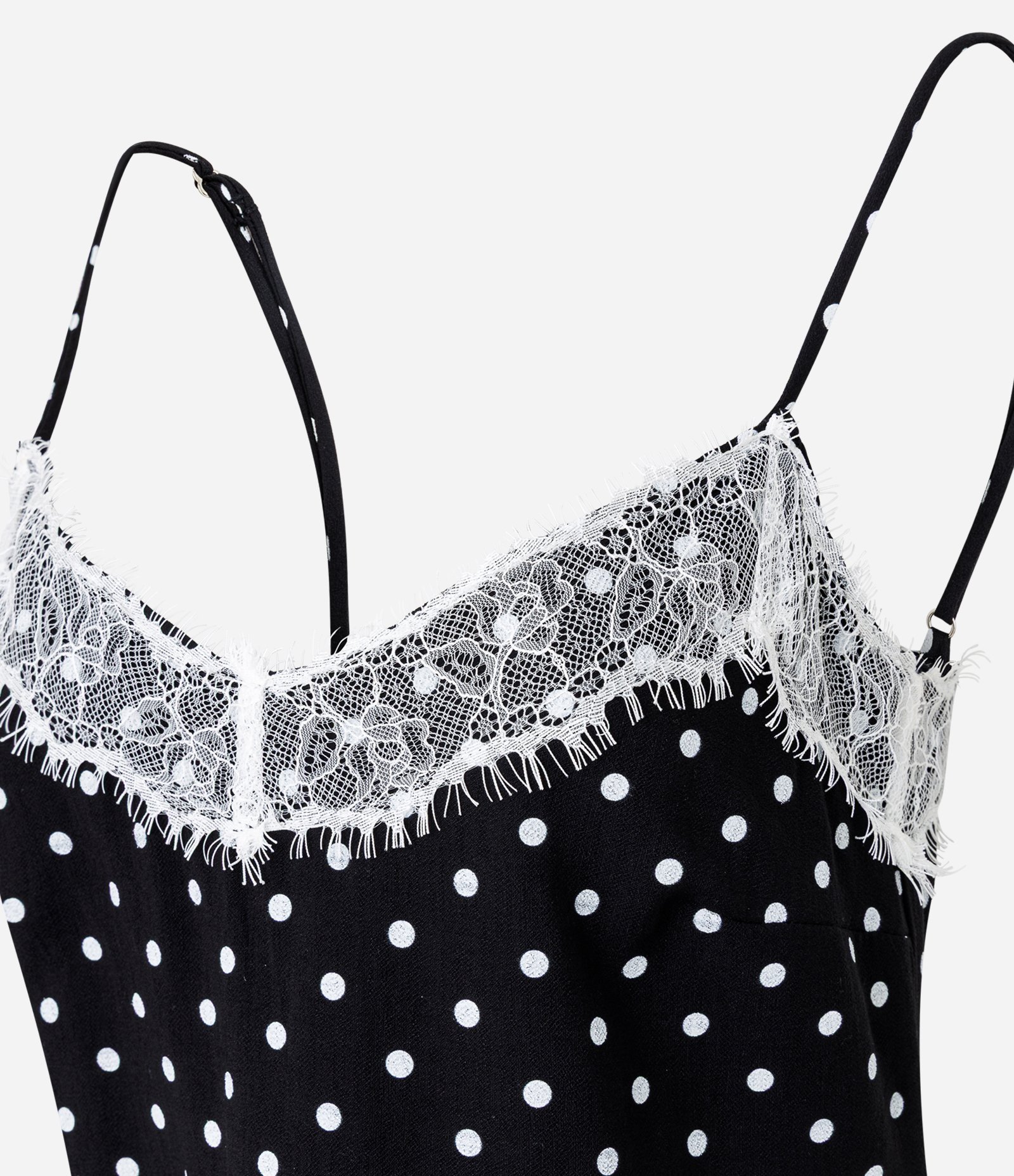 Blusa Assimétrica com Estampa Poá e Aplicação de Renda Preto 7