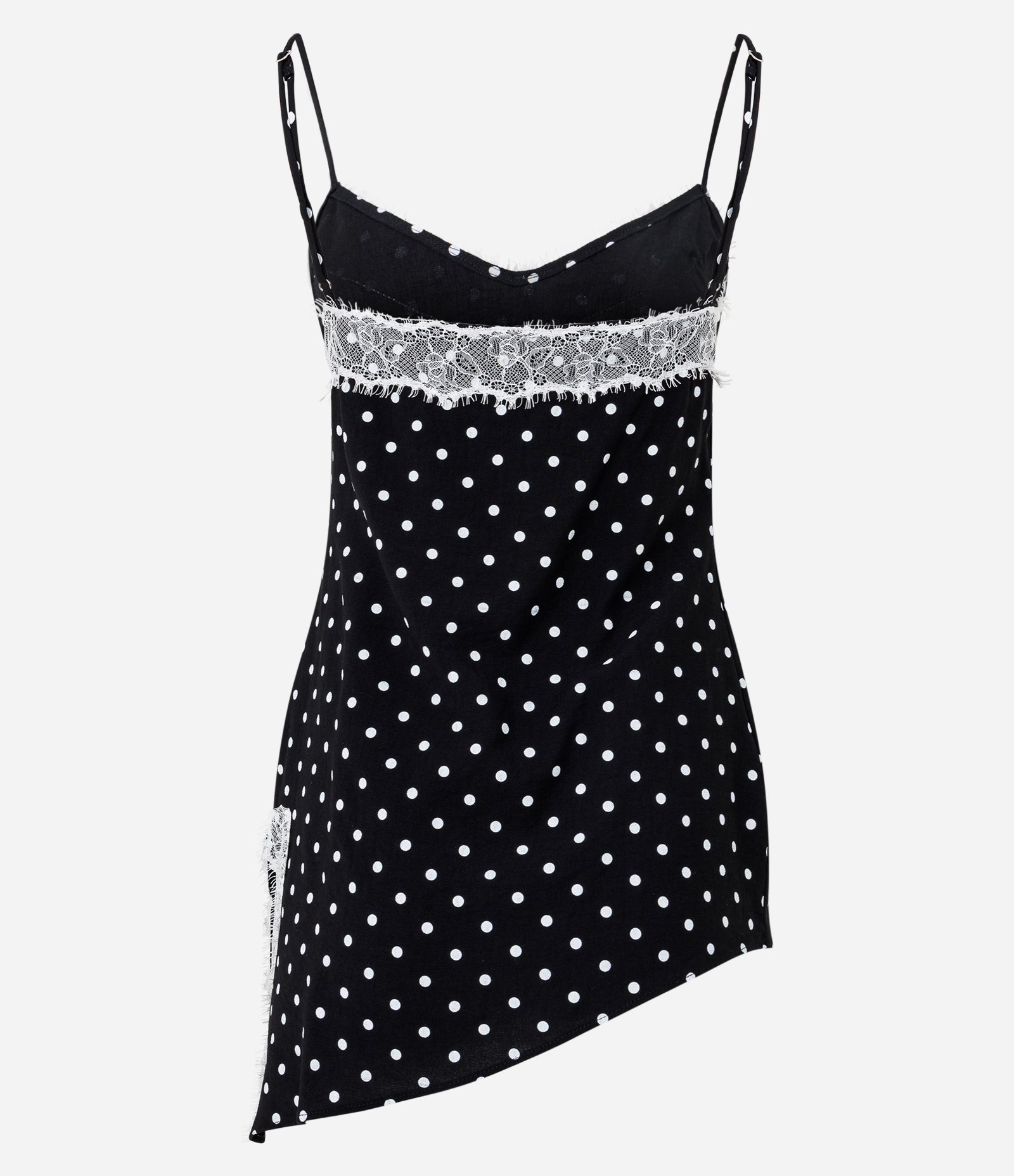 Blusa Assimétrica com Estampa Poá e Aplicação de Renda Preto 9