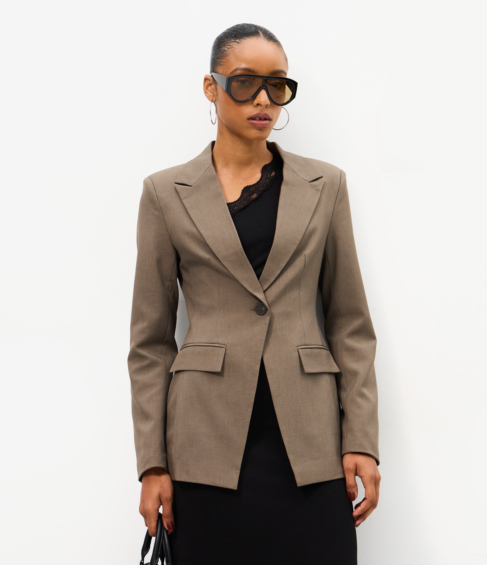 Blazer Alfaiatado Ajustado com Abotoamento Único Marrom 1
