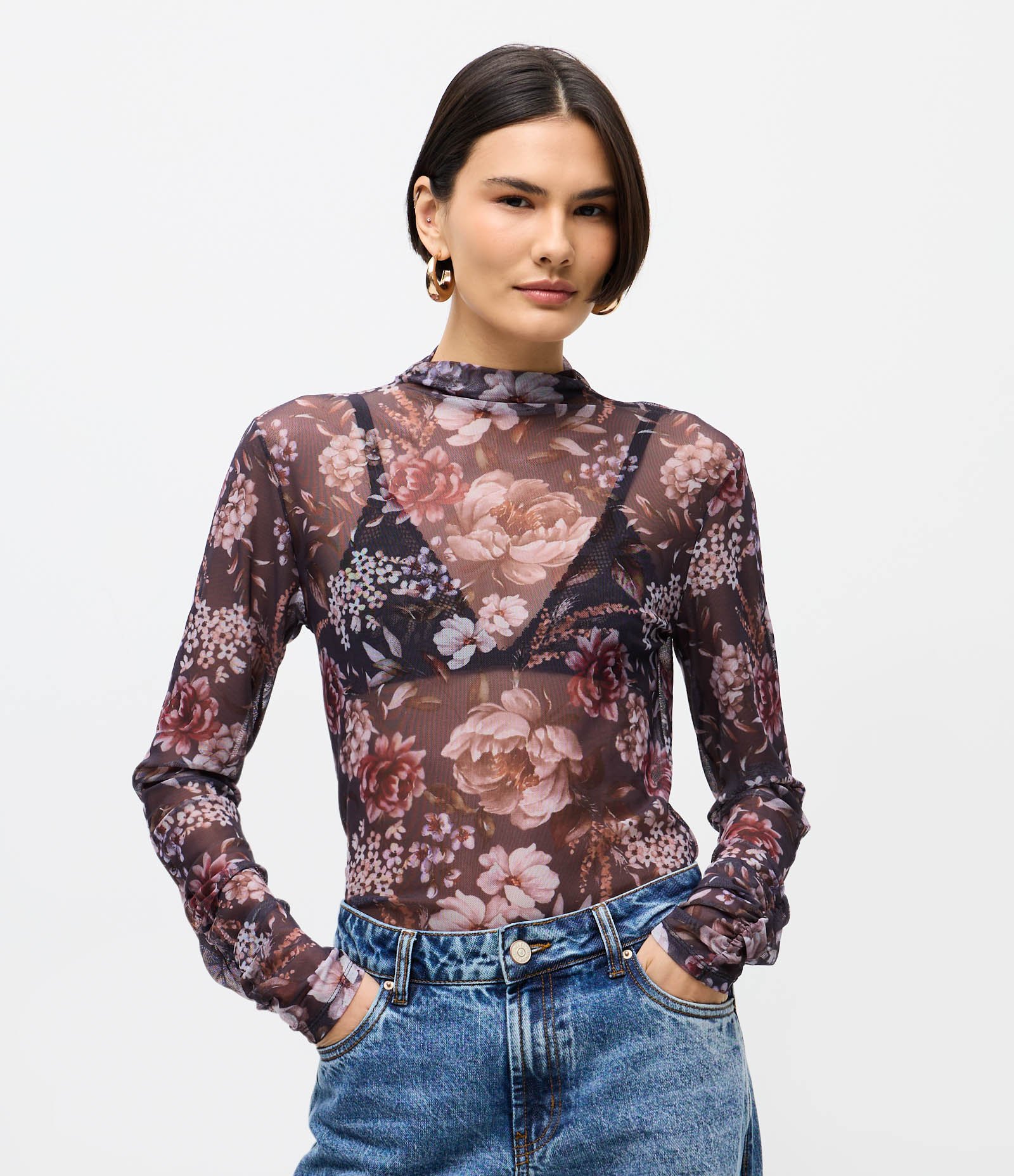 Blusa de Tule Floral Manga Longa Roxo 1