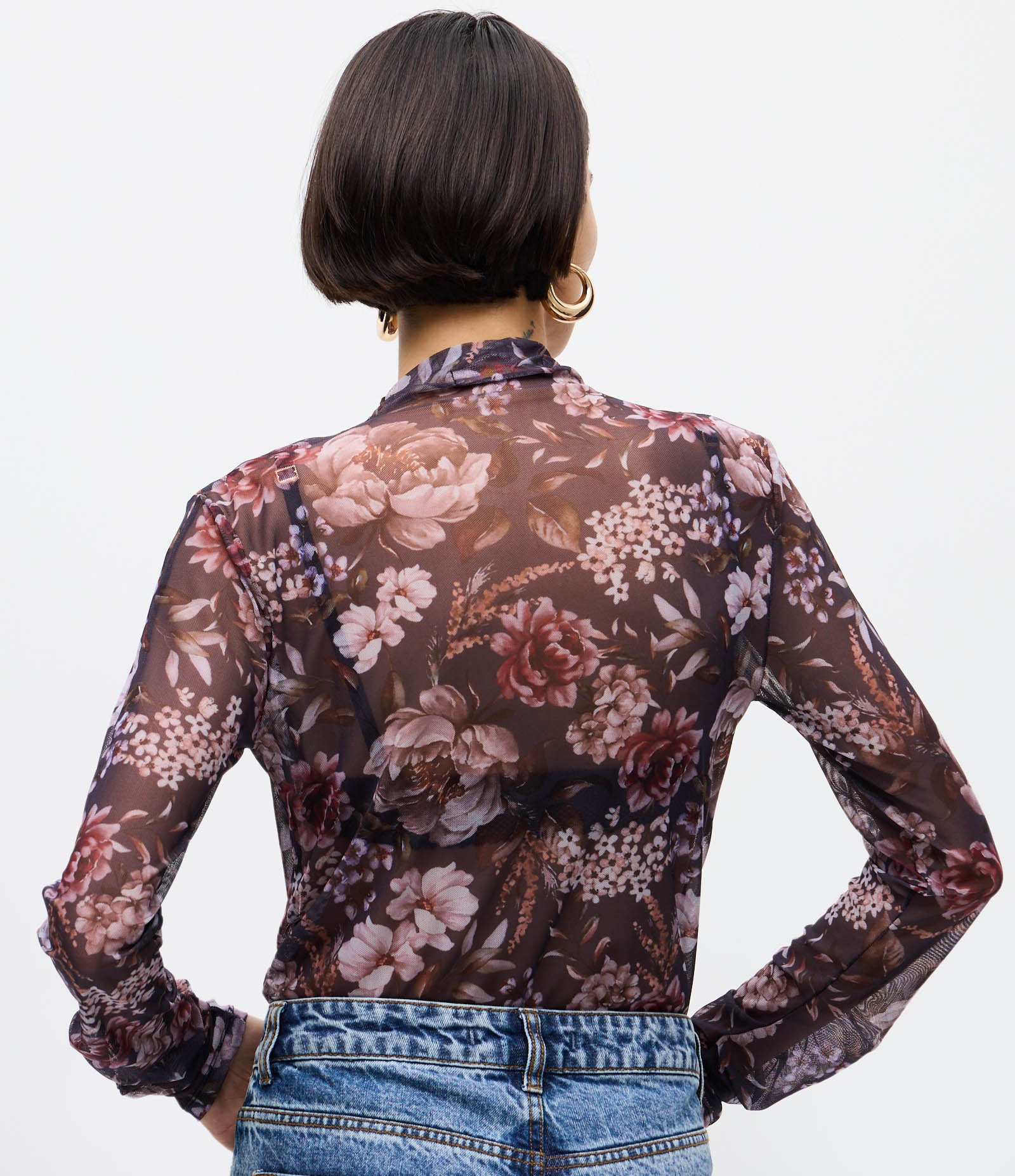 Blusa de Tule Floral Manga Longa Roxo 4
