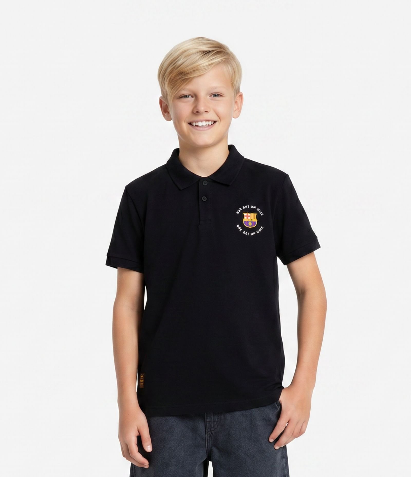 Polo Infantil em Piquet Texturizado e Estampa Barcelona - Tam 5 a 14 Anos Preto 2