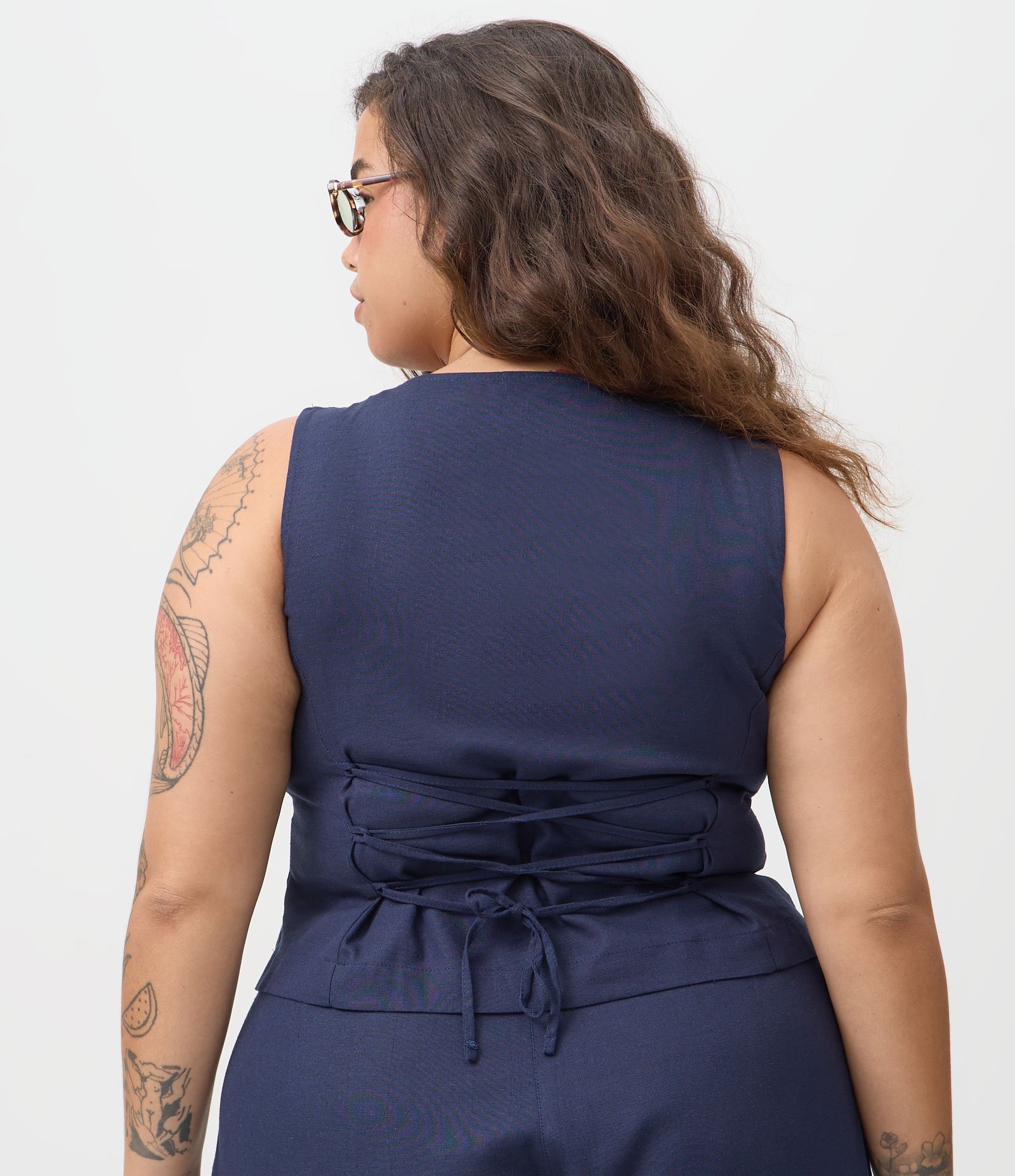 Blusa Colete com Linho e Botões Curve & Plus Size Azul 4