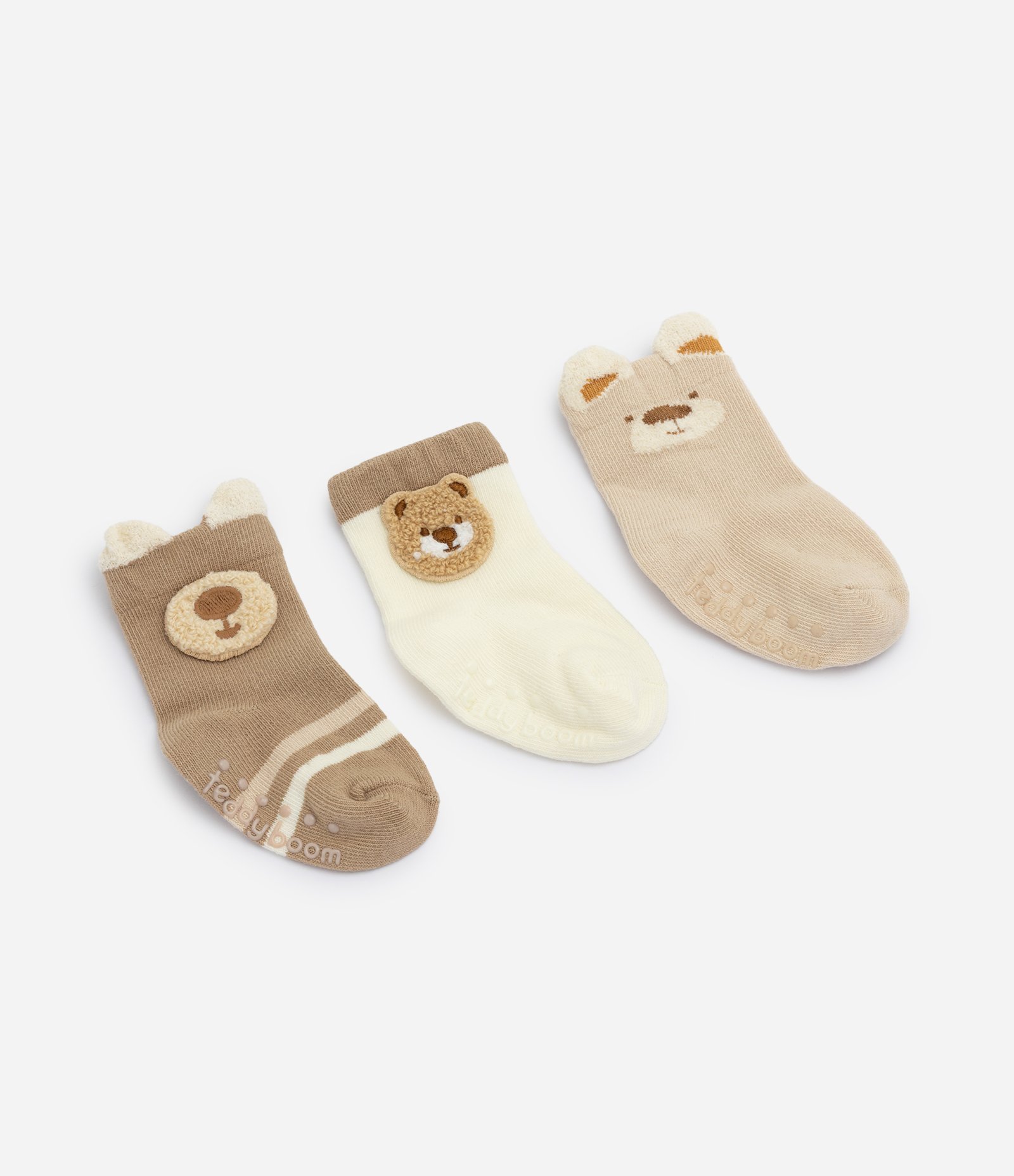 Kit 3 Pares de Meias Bebê Em Algodão com Aplique Chenille de Urso - Tam RN a 12 Meses Marrom 1