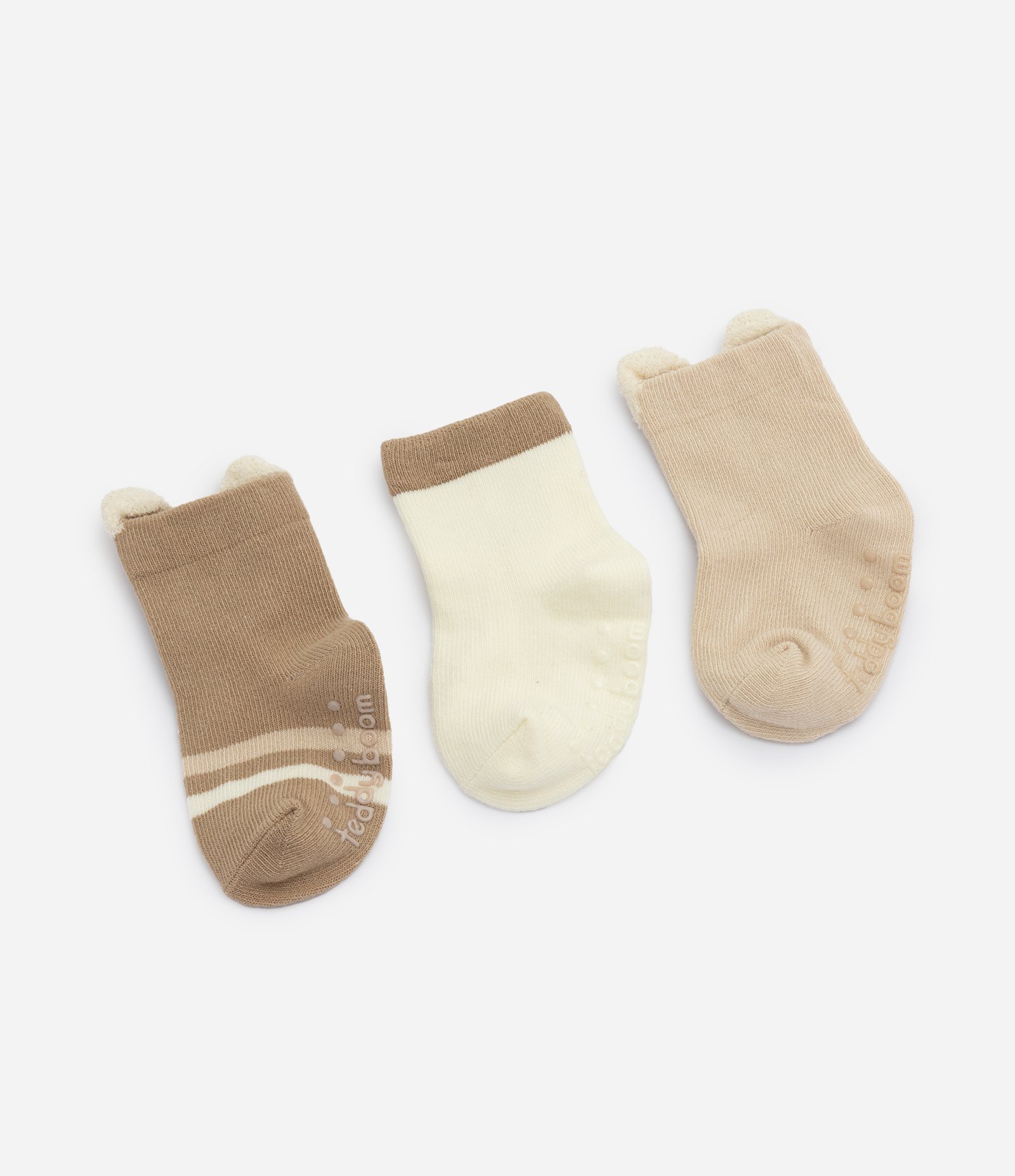 Kit 3 Pares de Meias Bebê Em Algodão com Aplique Chenille de Urso - Tam RN a 12 Meses Marrom 2