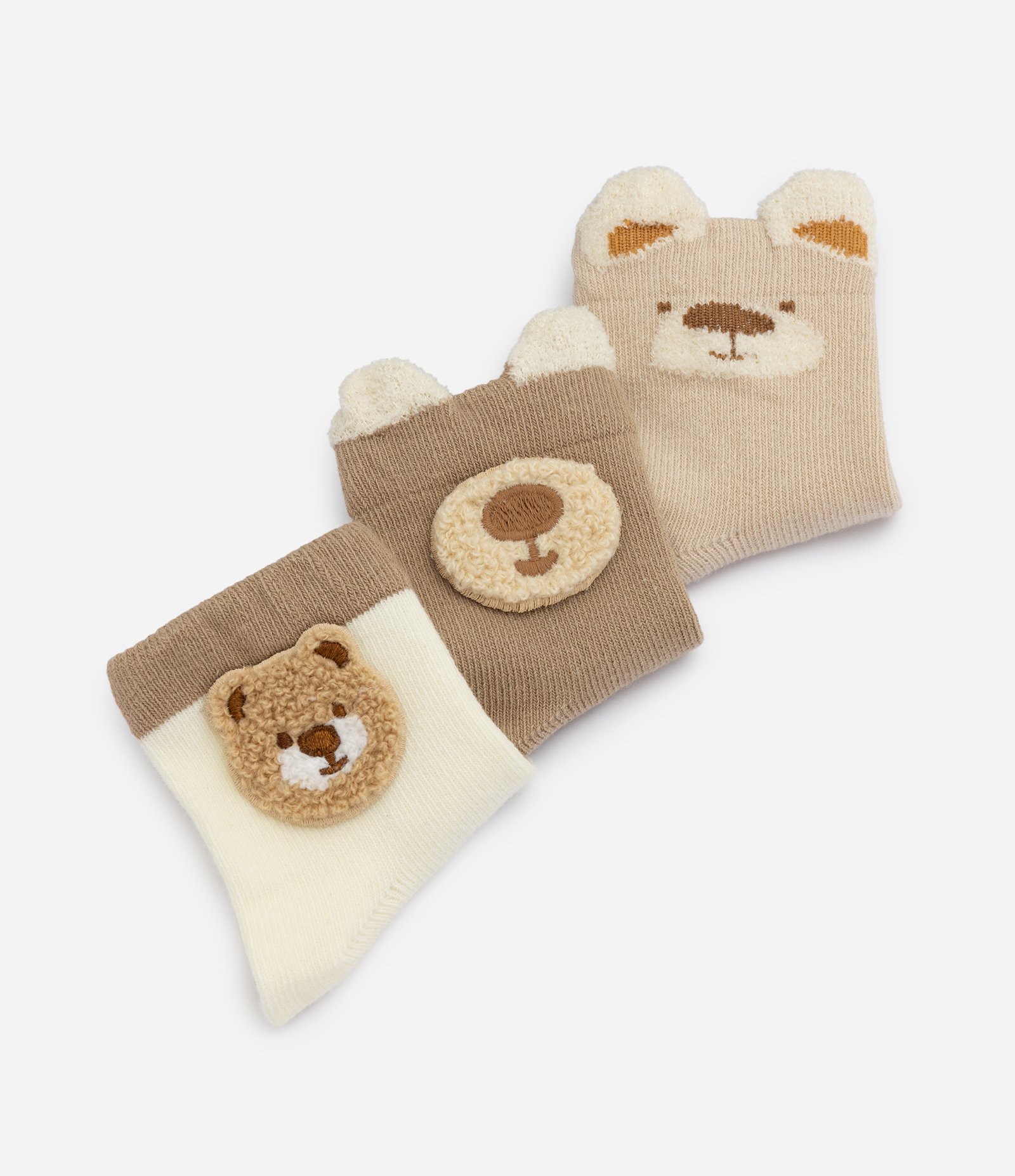 Kit 3 Pares de Meias Bebê Em Algodão com Aplique Chenille de Urso - Tam RN a 12 Meses Marrom 3