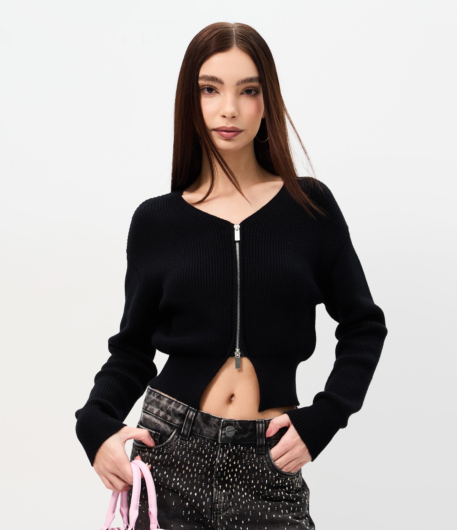 Cardigan em Tricô com Zíper Duplo e Manga Bufante Preto 1