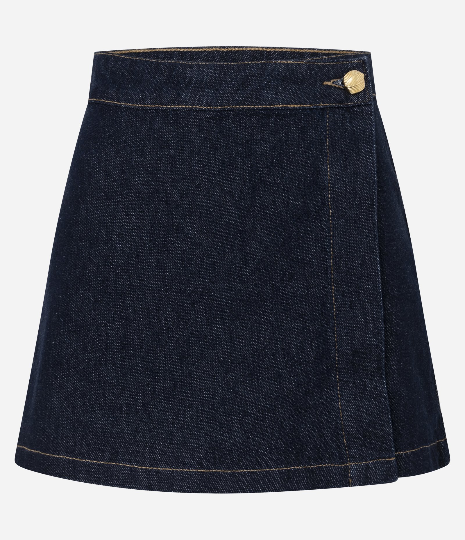 Short Saia Evase em Jeans com Cintura Alta e Botão Dourado Azul Escuro 1