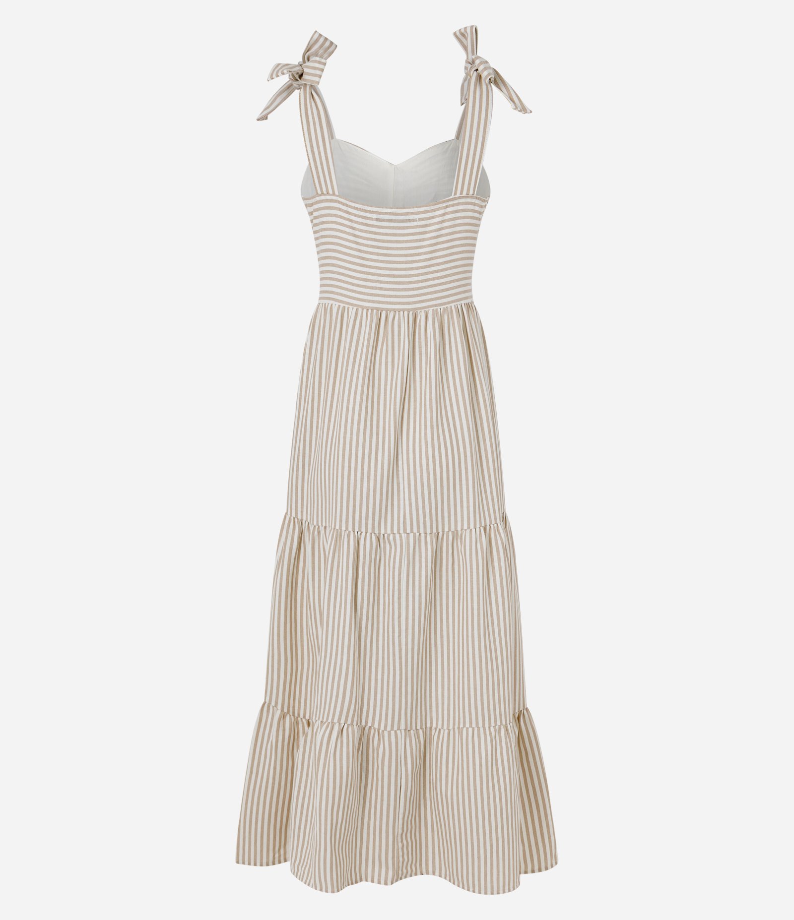 Vestido Sarja Listrado com Decote Coração Bege 2