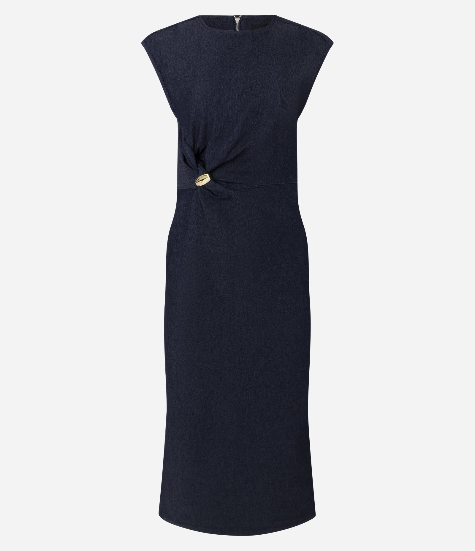 Vestido Midi em Jeans com Drapeado e Aviamento Azul Escuro 1