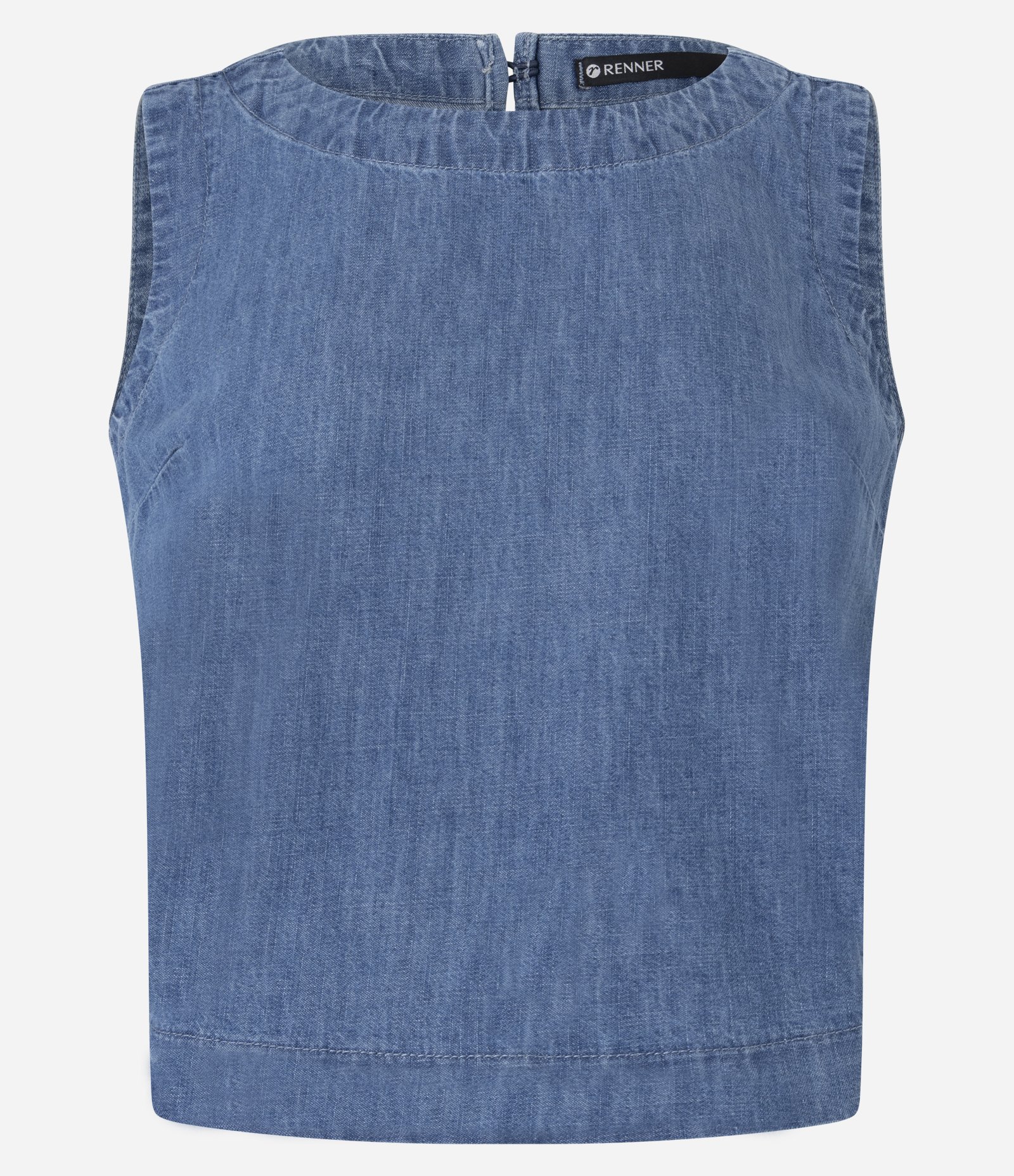 Blusa em Jeans com Costura Aparente e Gola Redonda Azul 1