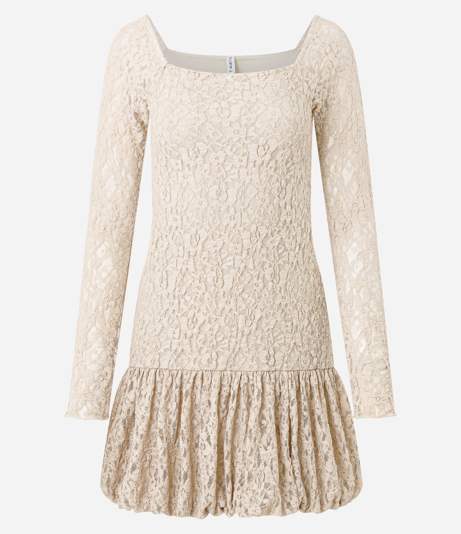 Vestido Curto Balonê em Renda com Manga Longa Bege 5