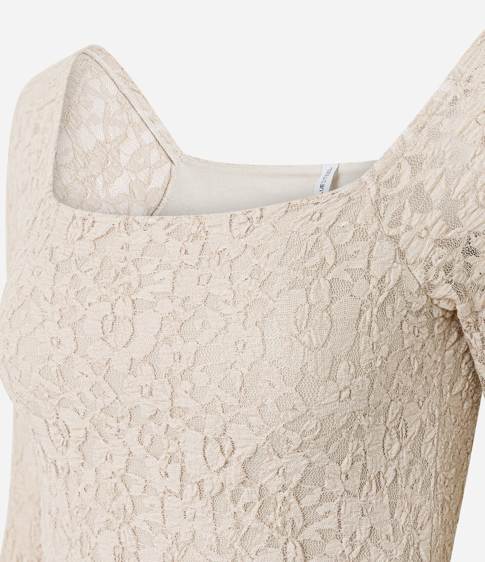 Vestido Curto Balonê em Renda com Manga Longa Bege 6