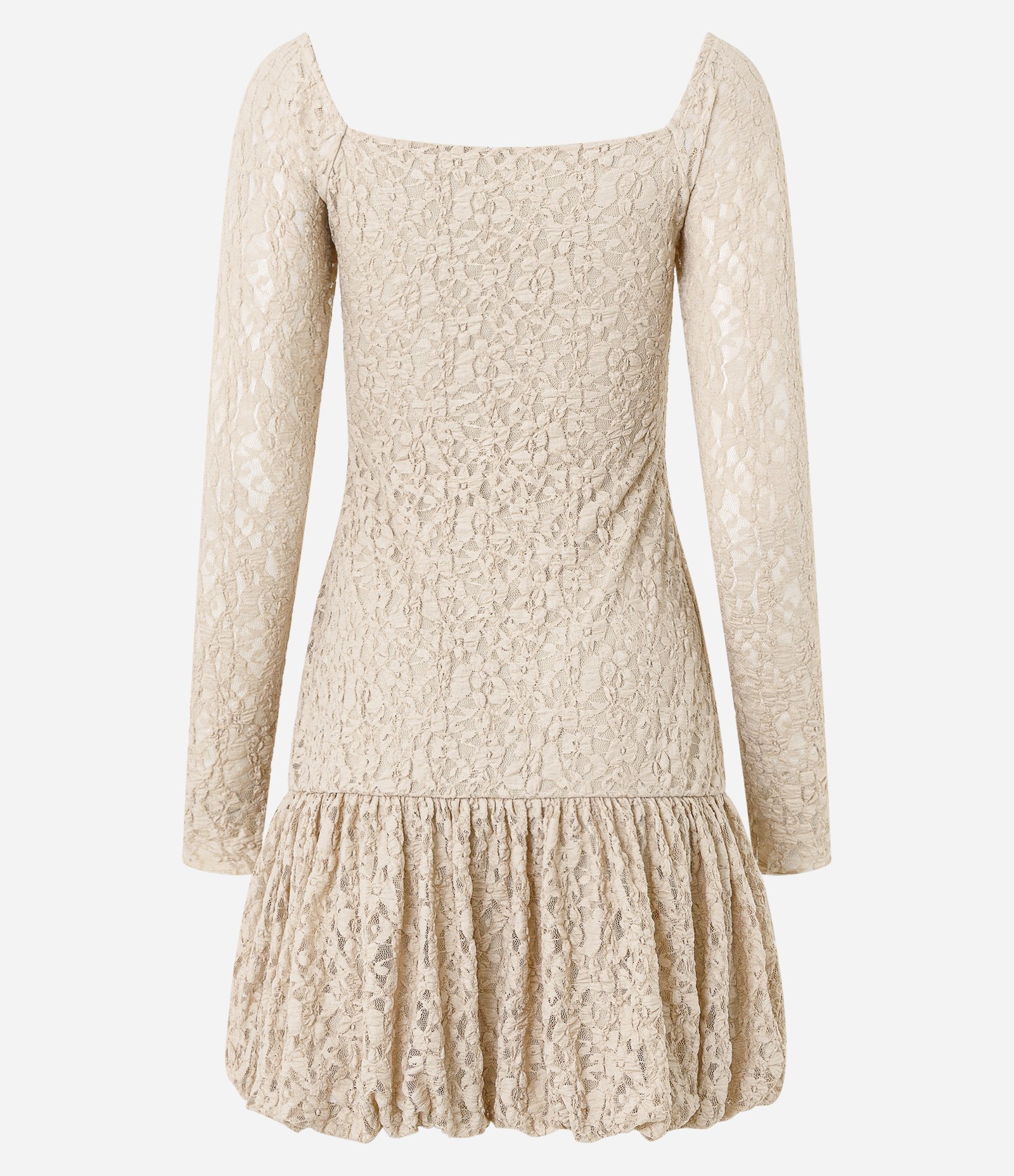 Vestido Curto Balonê em Renda com Manga Longa Bege 7
