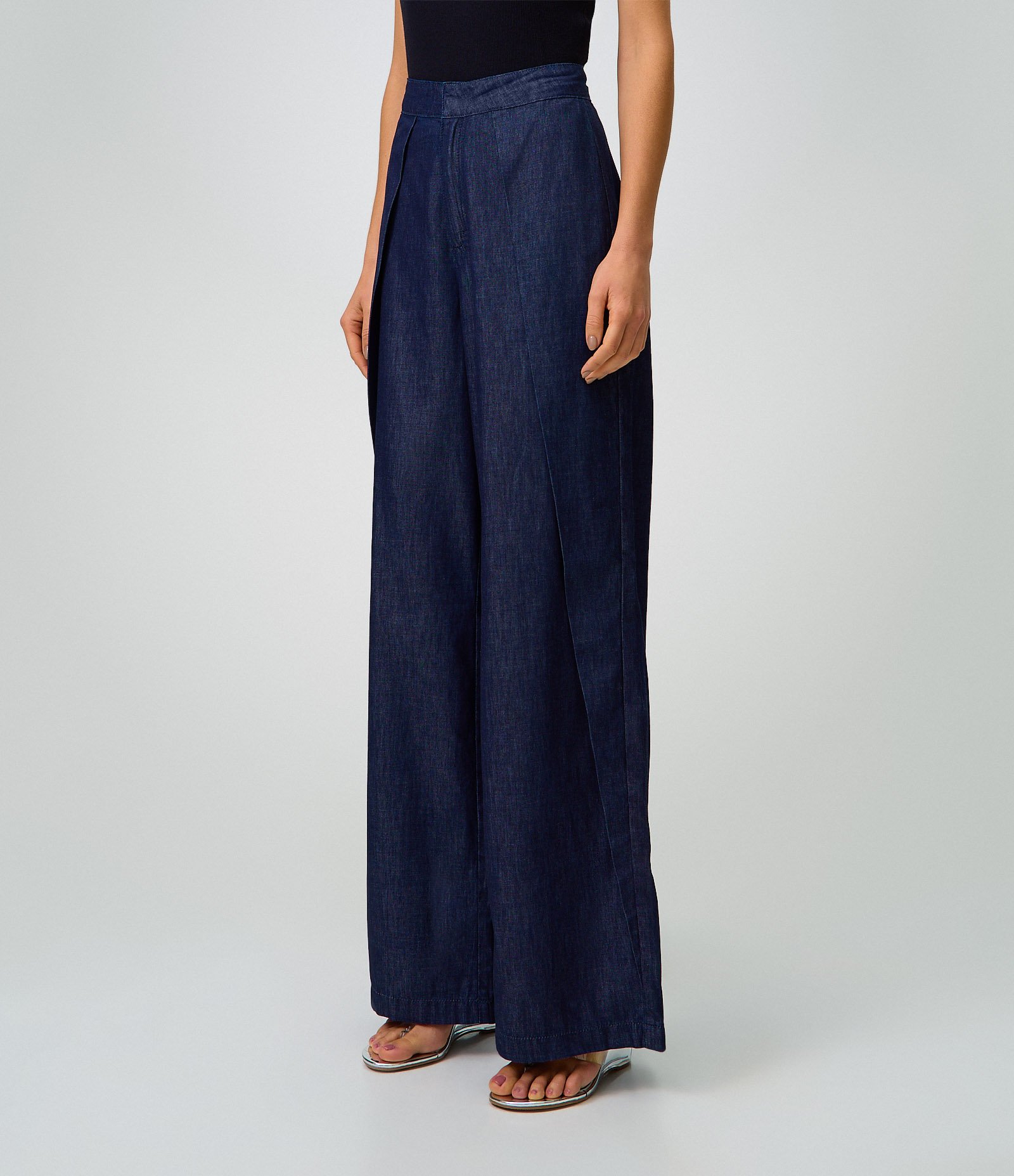 Calça Wide Leg em Jeans com Cós Transpassado Azul Escuro 2