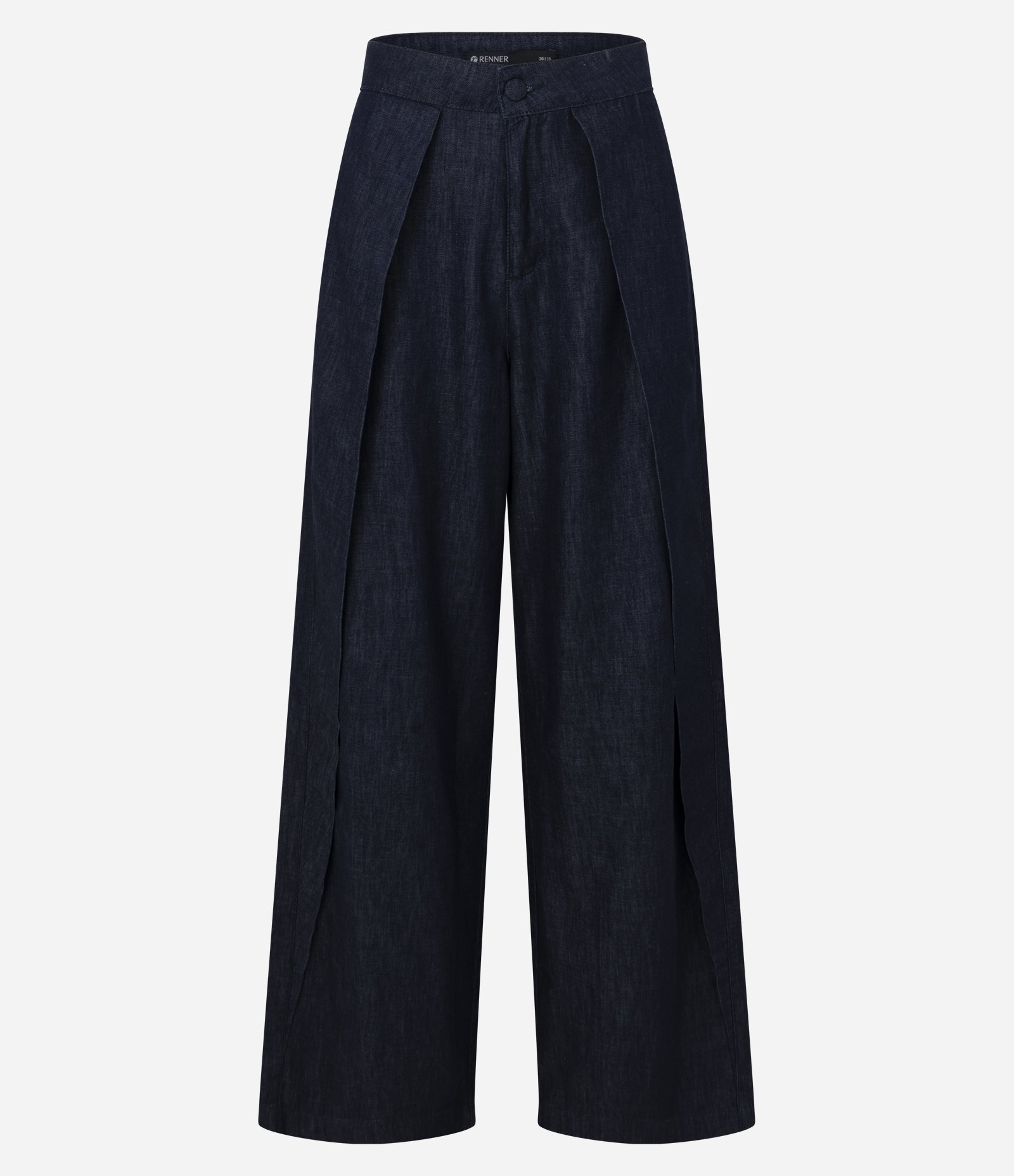 Calça Wide Leg em Jeans com Cós Transpassado Azul Escuro 5