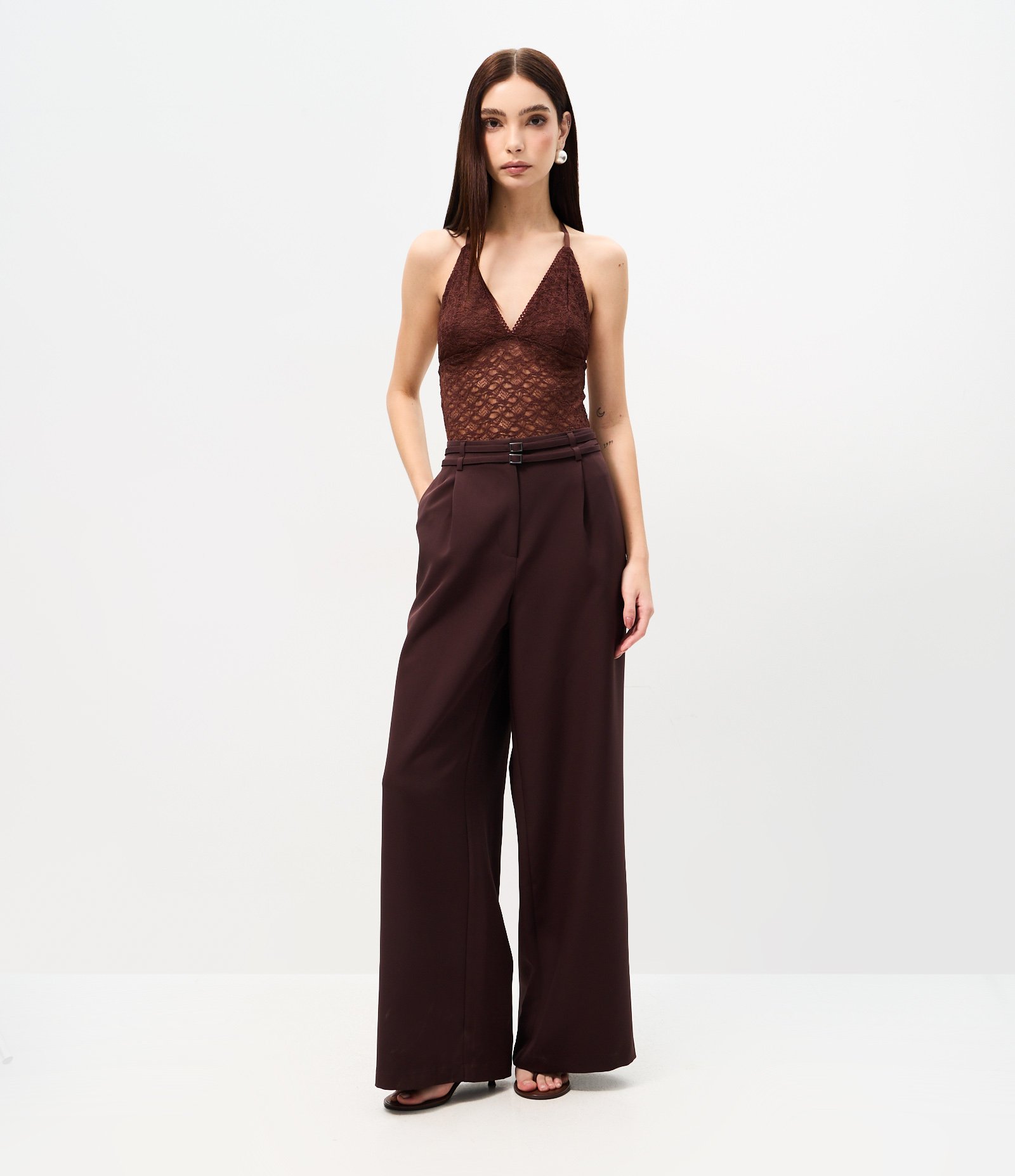 Calça Pantalona Alfaiatada com Cinto Duplo Marrom 1