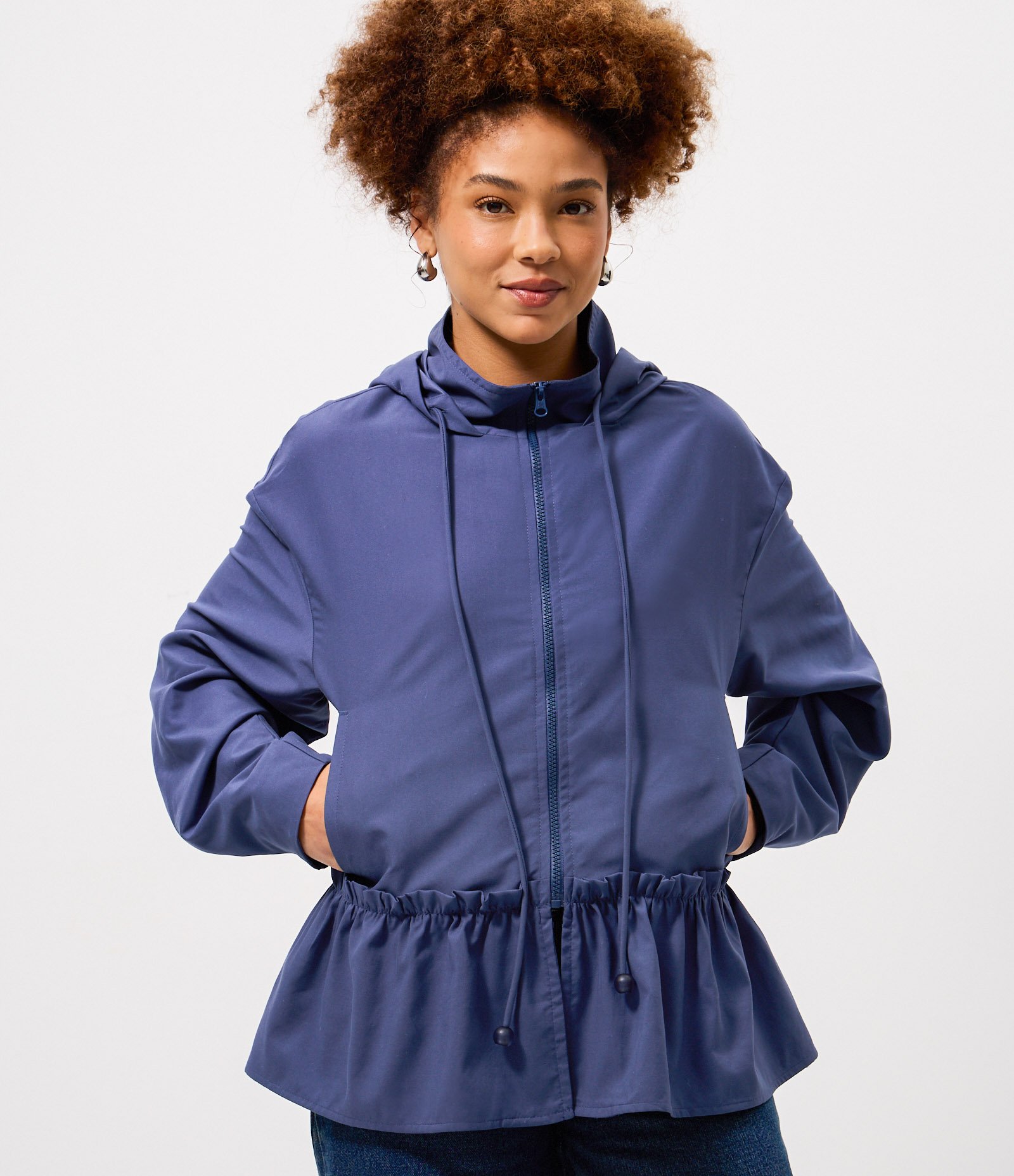 Jaqueta Corta Vento Peplum com Capuz e Zíper Tratorado Azul 1
