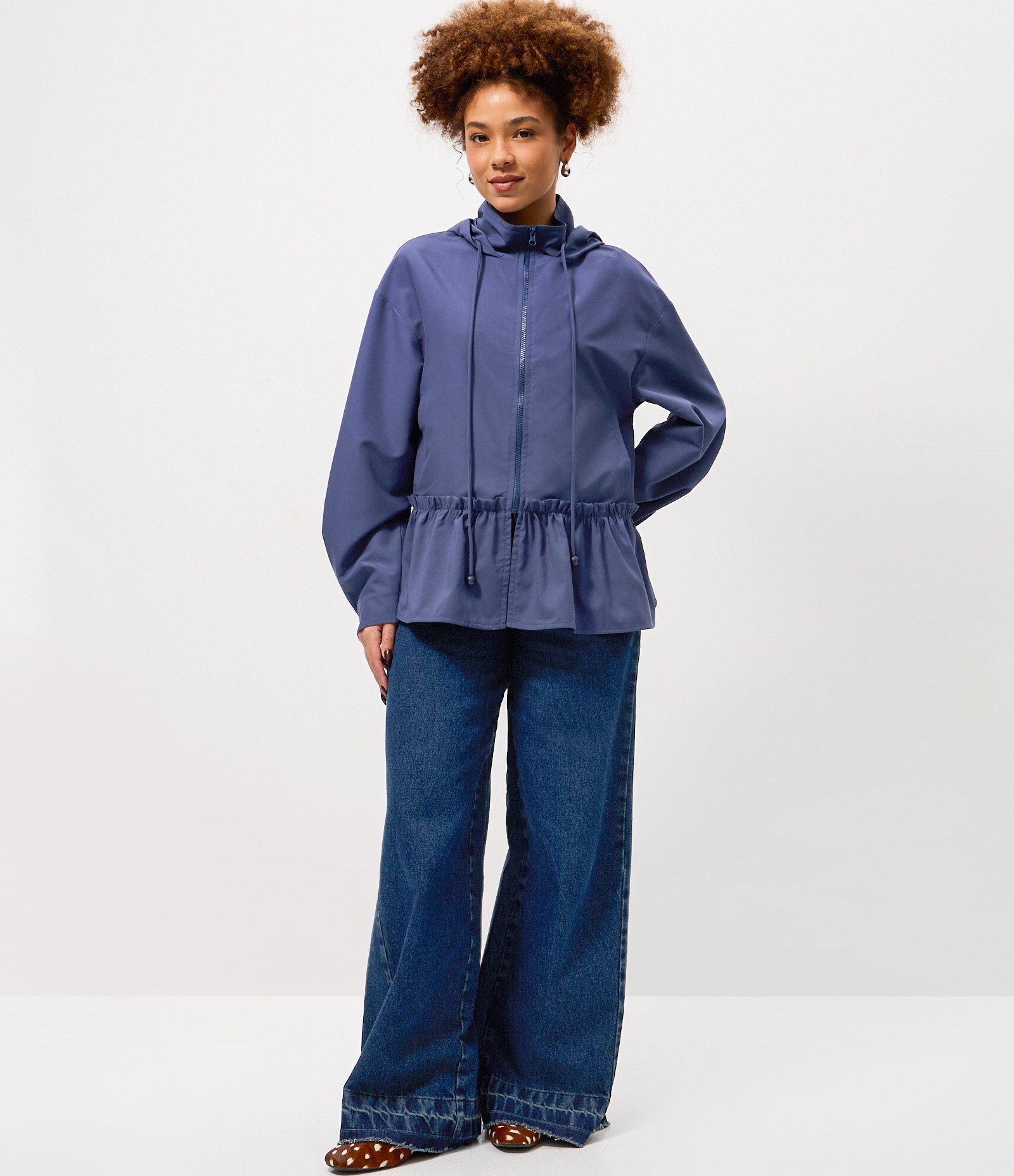 Jaqueta Corta Vento Peplum com Capuz e Zíper Tratorado Azul 2