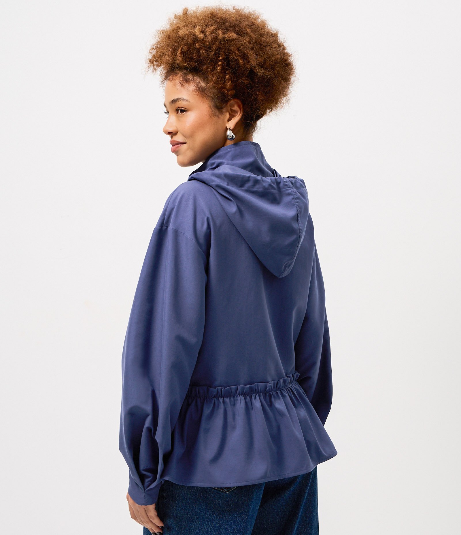Jaqueta Corta Vento Peplum com Capuz e Zíper Tratorado Azul 4
