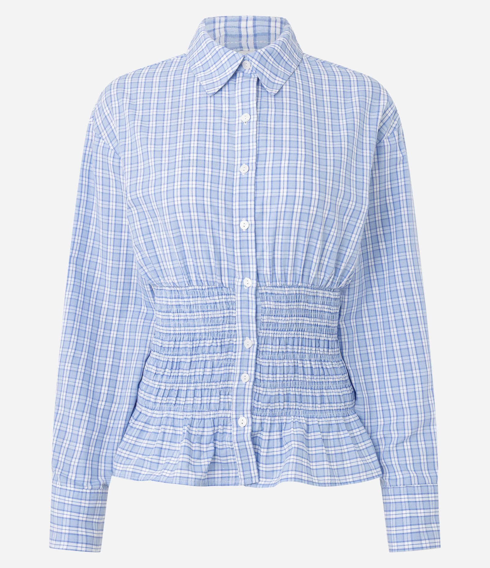 Camisa Acinturada em Tricoline Xadrez com Franzidos Azul 1