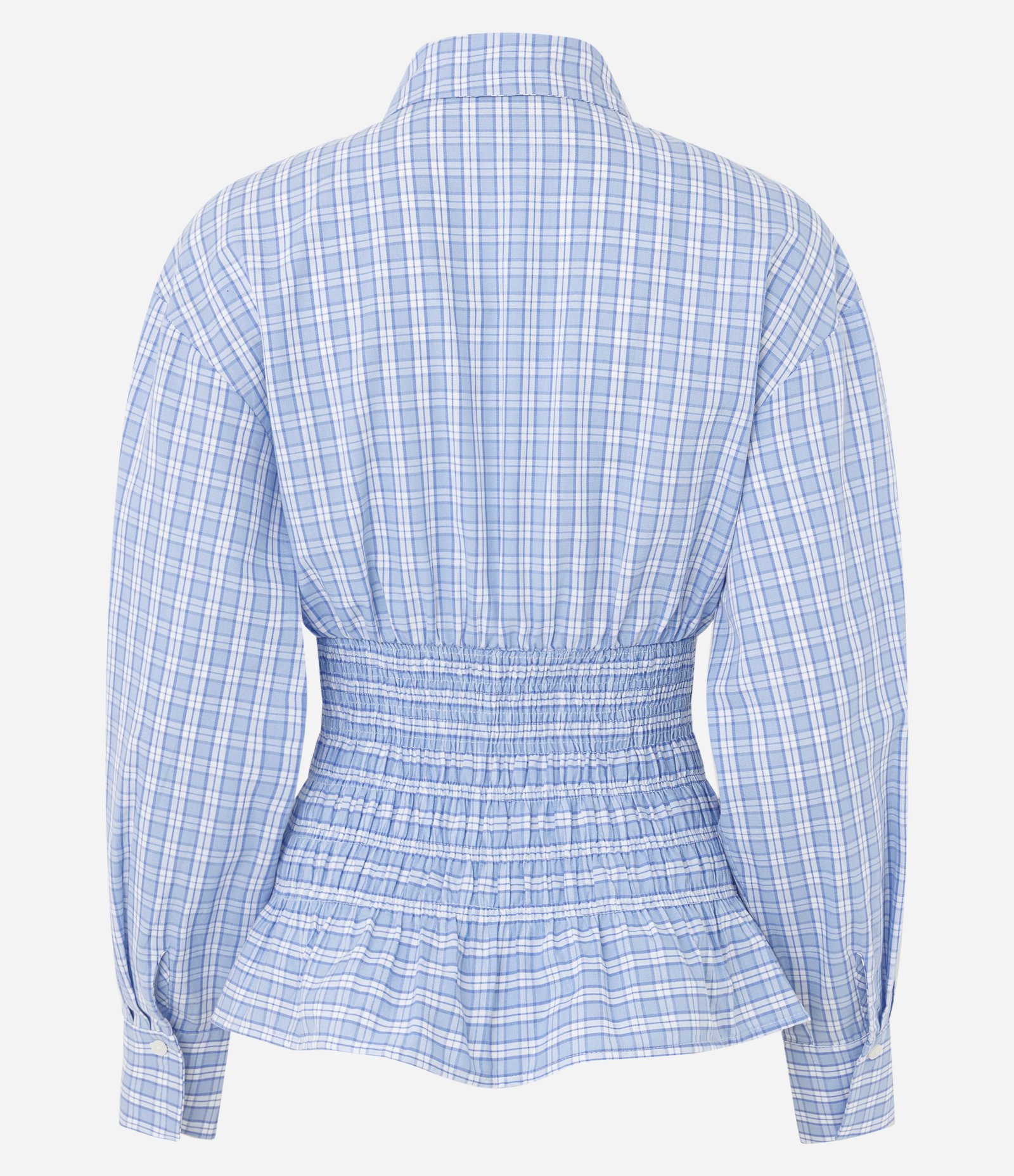 Camisa Acinturada em Tricoline Xadrez com Franzidos Azul 3