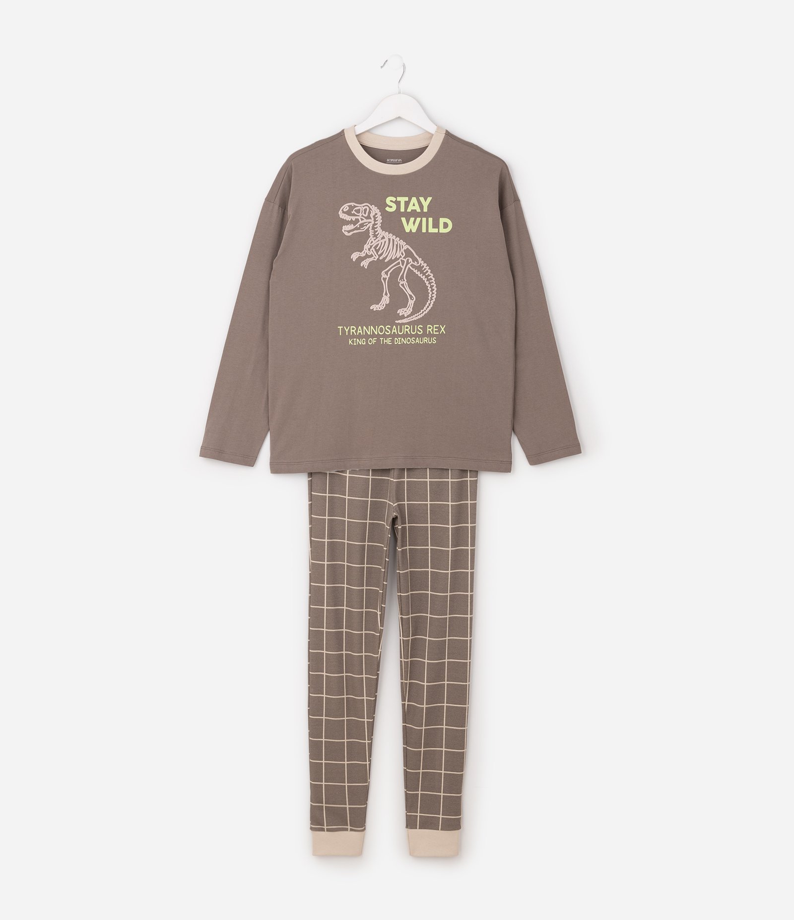 Pijama Longo Infantil com Estampa Dinossauro e Xadrez – Tam 5 a 14 Anos Marrom/Bege 2