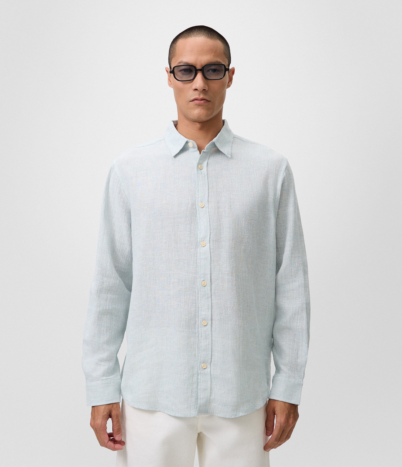 Camisa em Linho Crepe com Botões Frontais Azul Acinzentado 1