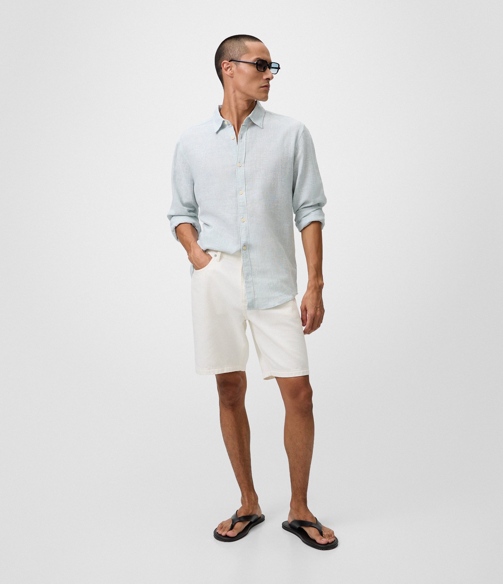 Camisa em Linho Crepe com Botões Frontais Azul Acinzentado 2